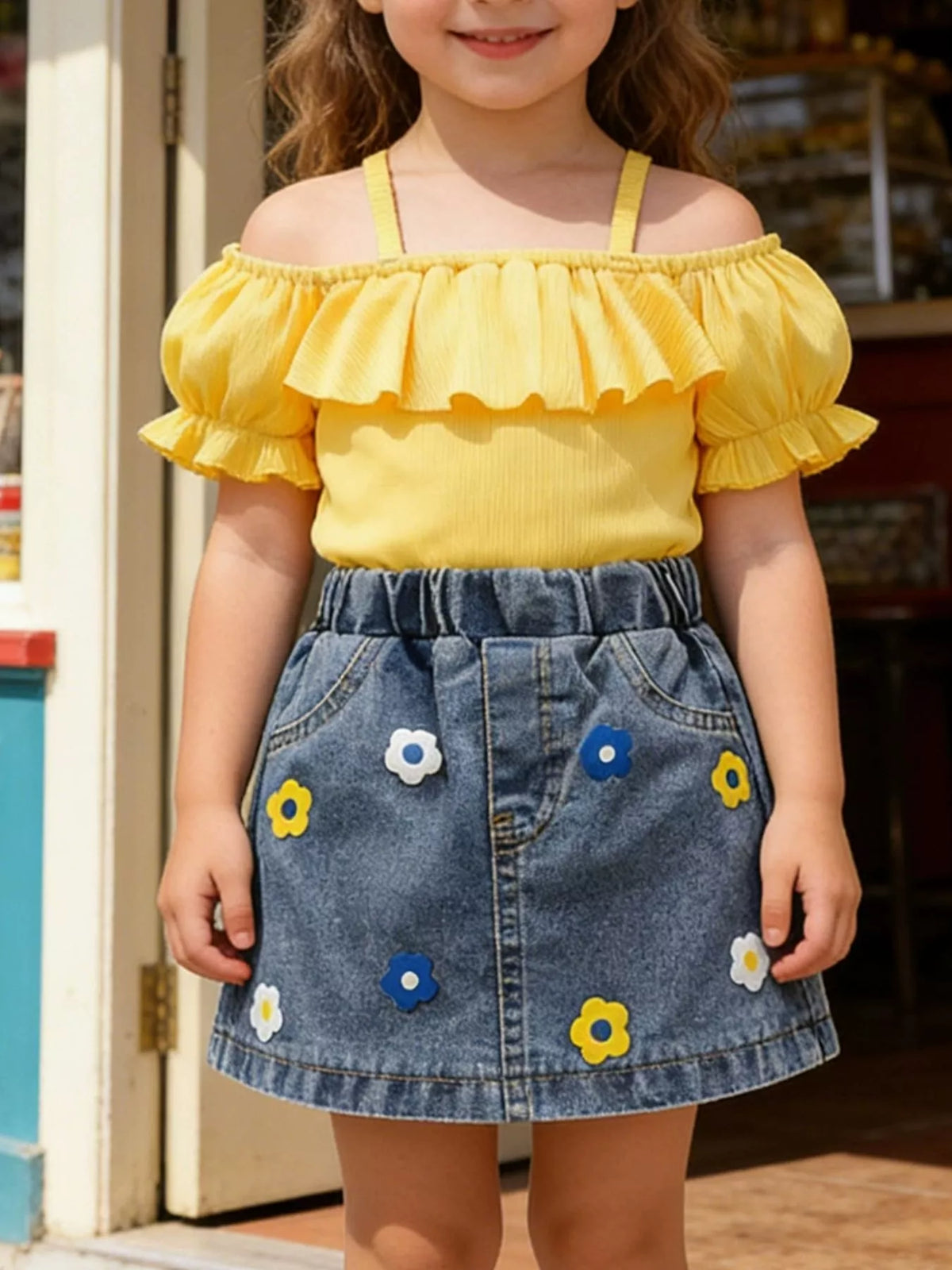 Yellow cold shoulder ruffle top and floral denim skirt — outfit shown on child