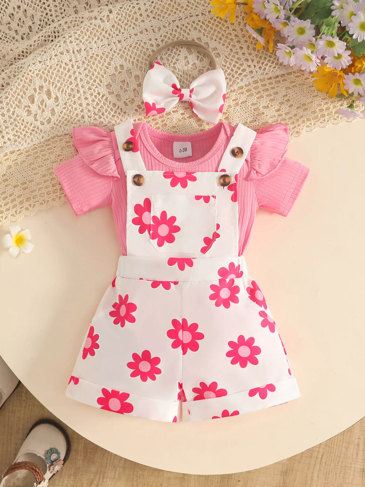 Floral short overalls ribbed bodysuit and bow headband — pink floral outfit front