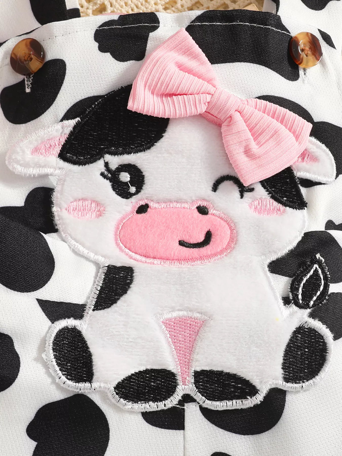 Pink bodysuit cow print ruffle overalls and headband — cow applique and pink bow