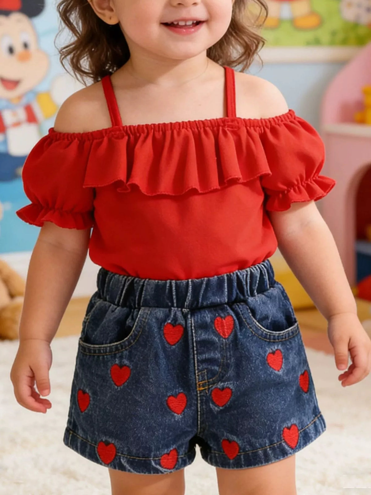 Ruffle cold shoulder top heart denim shorts and headband — red outfit shown on child
