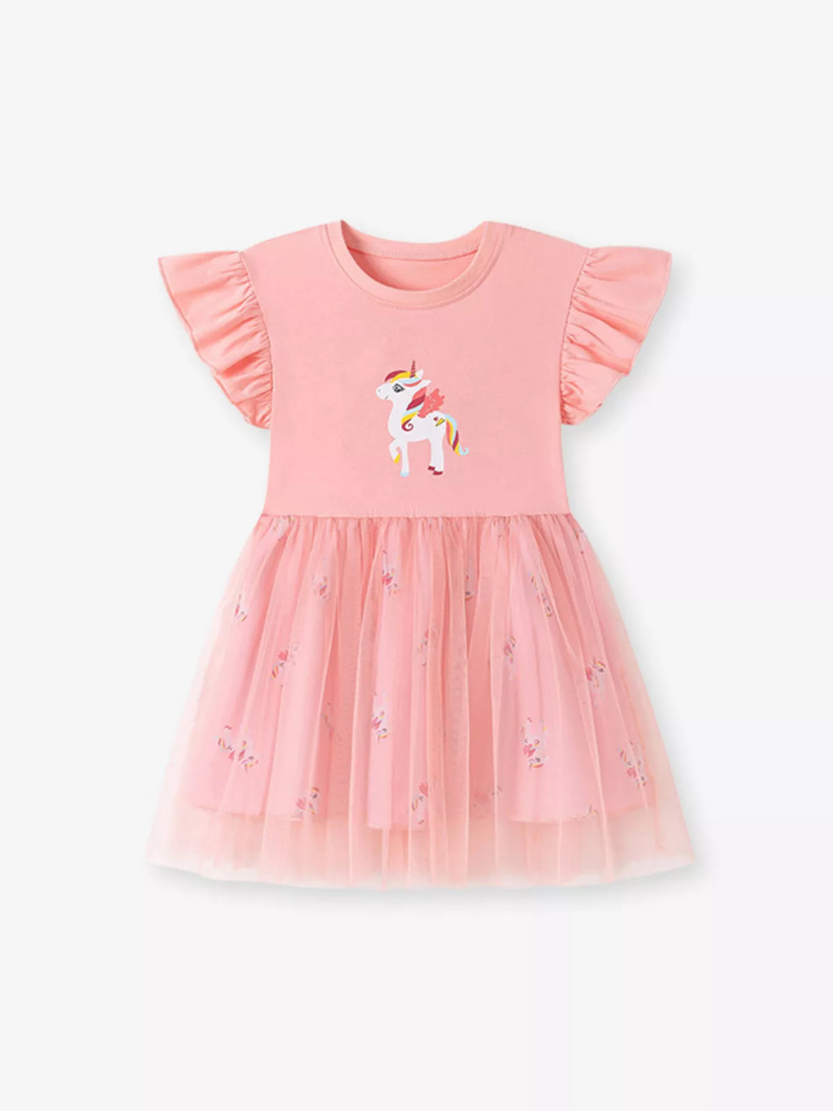 Pink winged-unicorn ruffle-sleeve dress with a tulle skirt laid flat