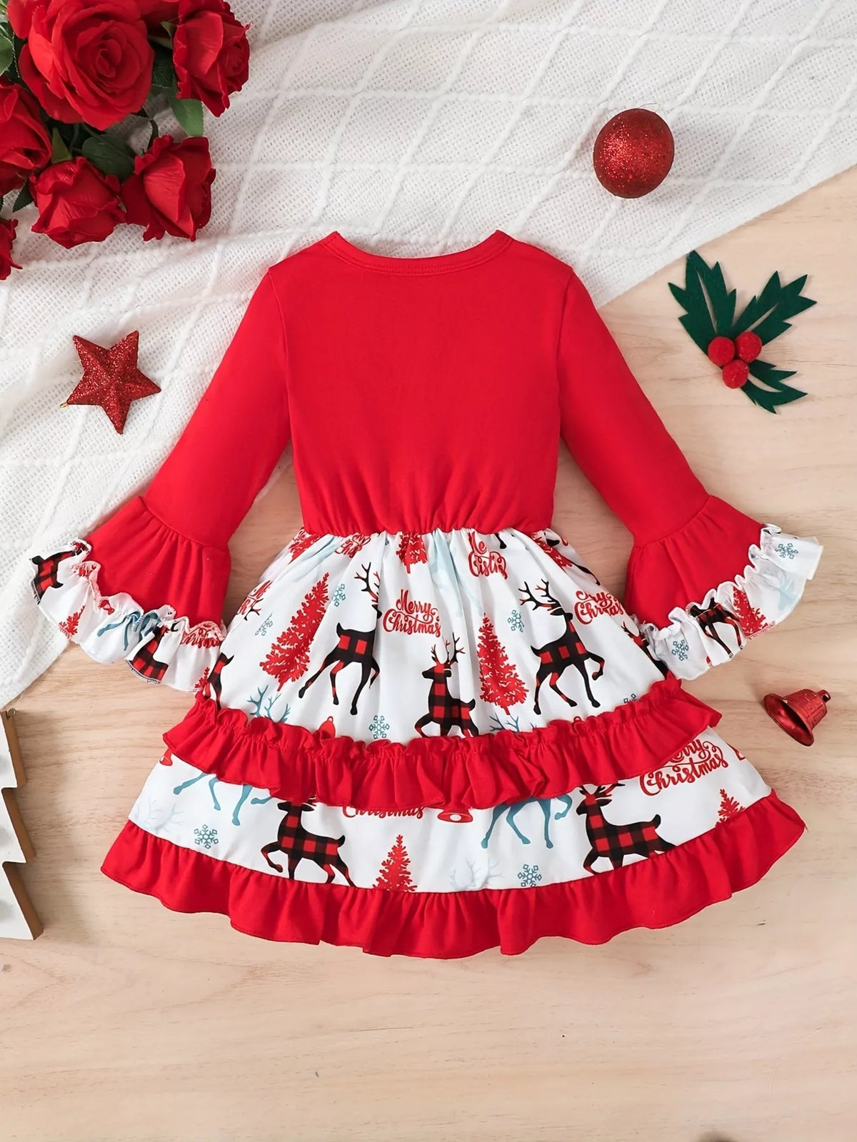 Red Christmas reindeer tiered ruffle dress — dress back