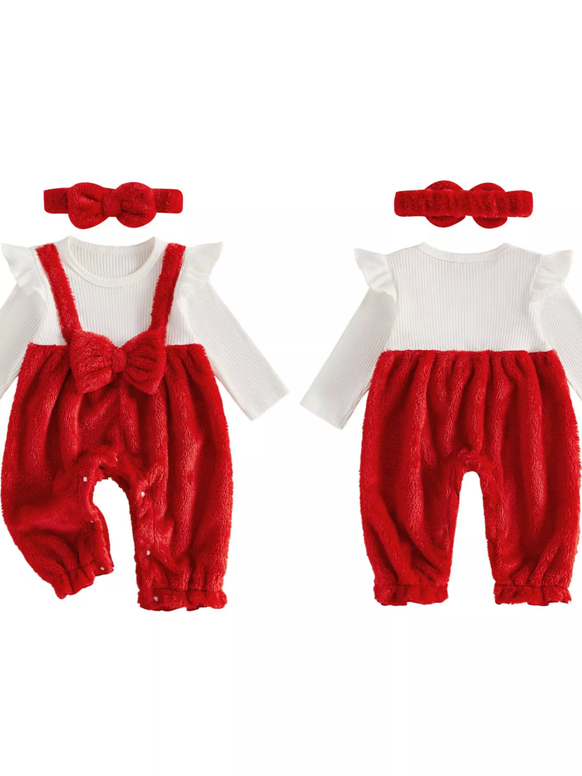 Fuzzy bow overalls outfit with headband — red outfit front and back with headband