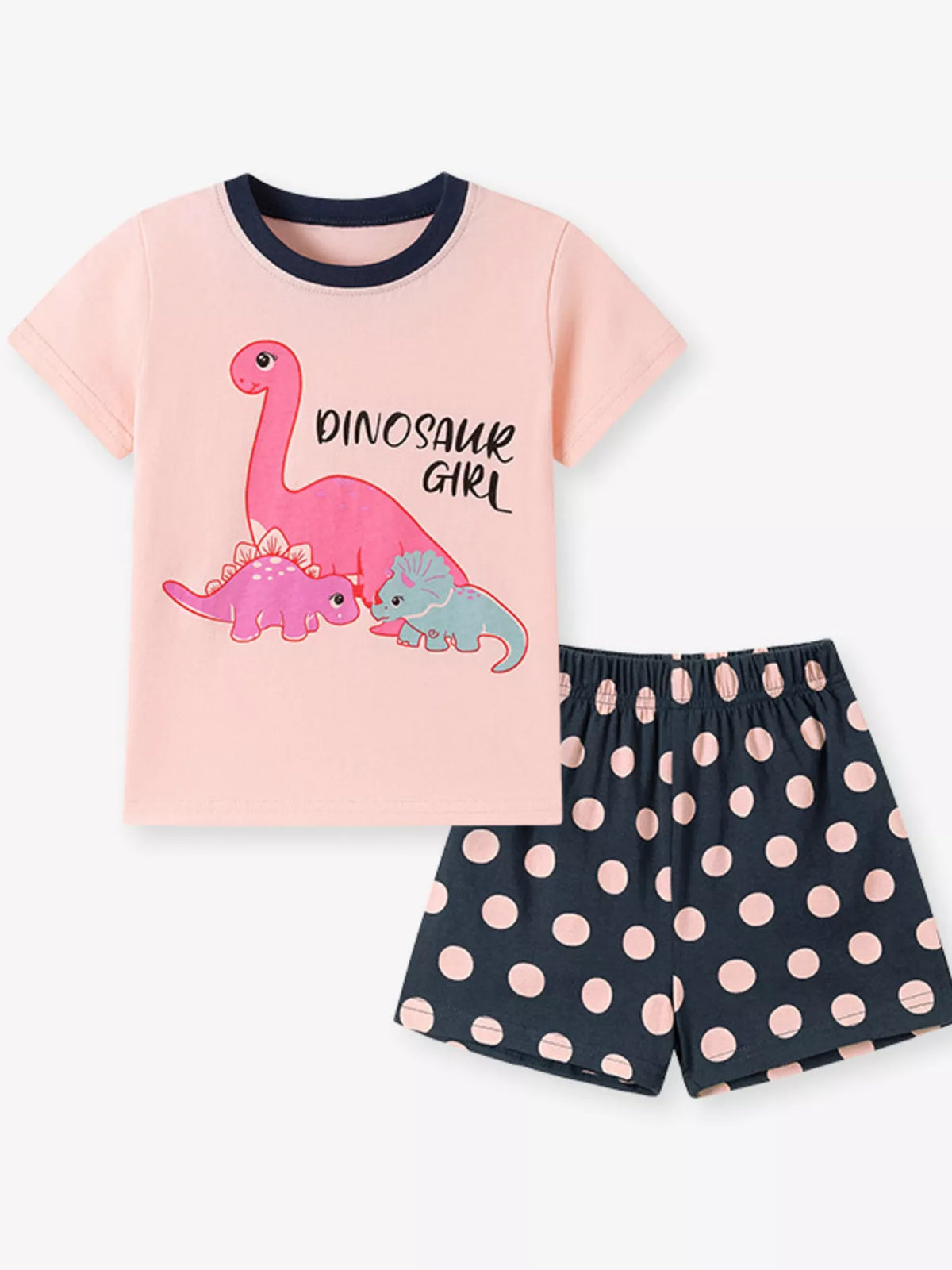 Pink dinosaur tee with navy polka-dot shorts laid flat