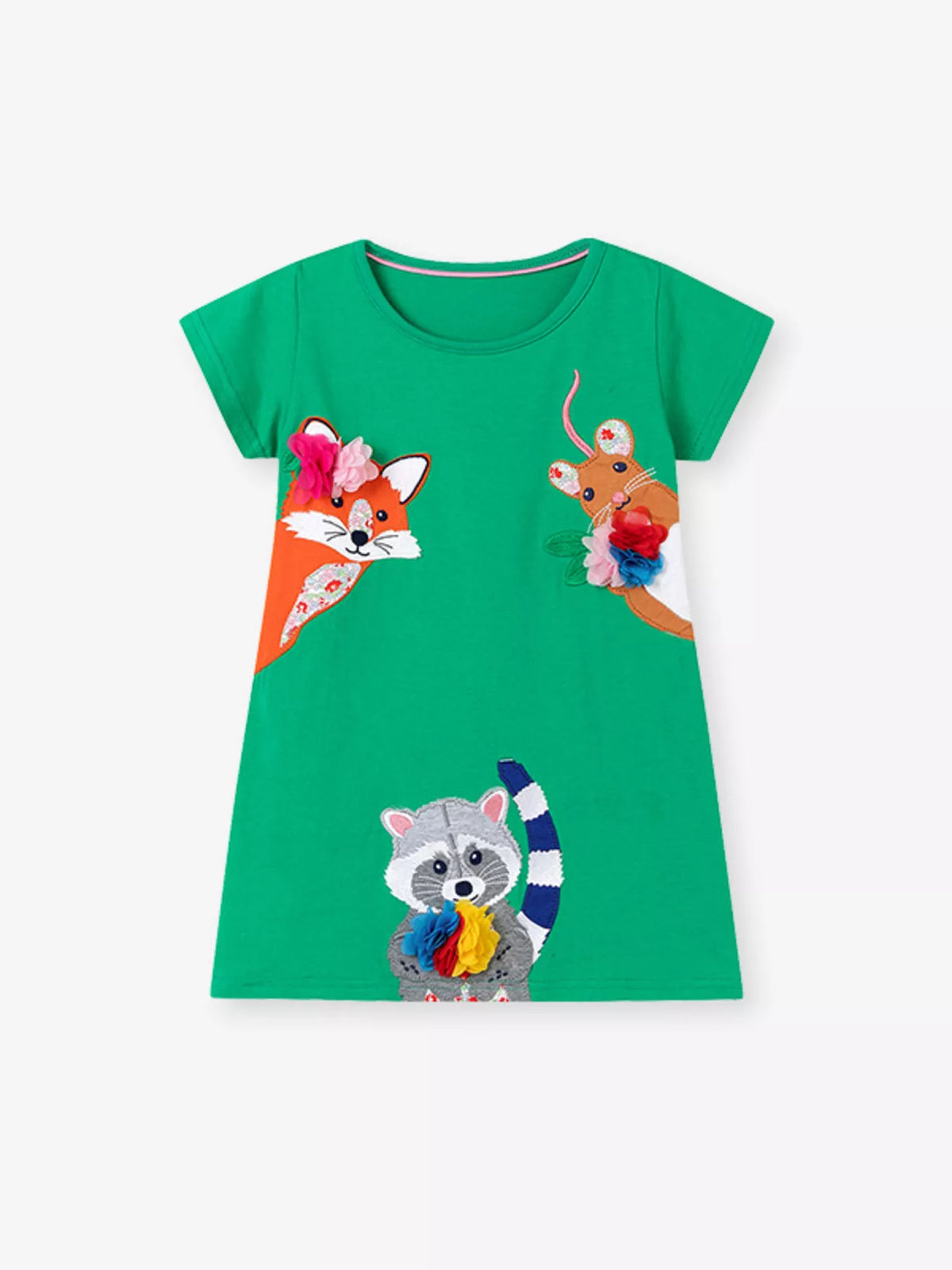 Woodland Animal Applique Cotton Dress — green dress front