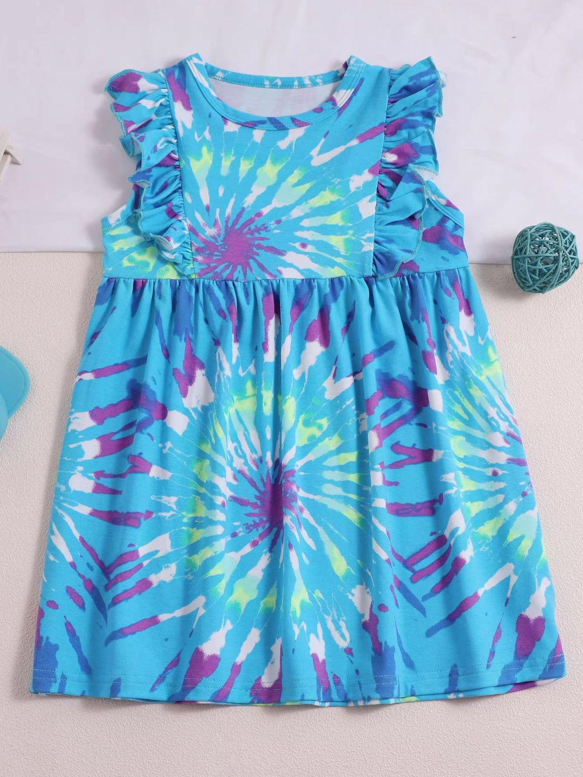 Blue Tie-Dye Ruffle Sleeve Dress — front hanging view