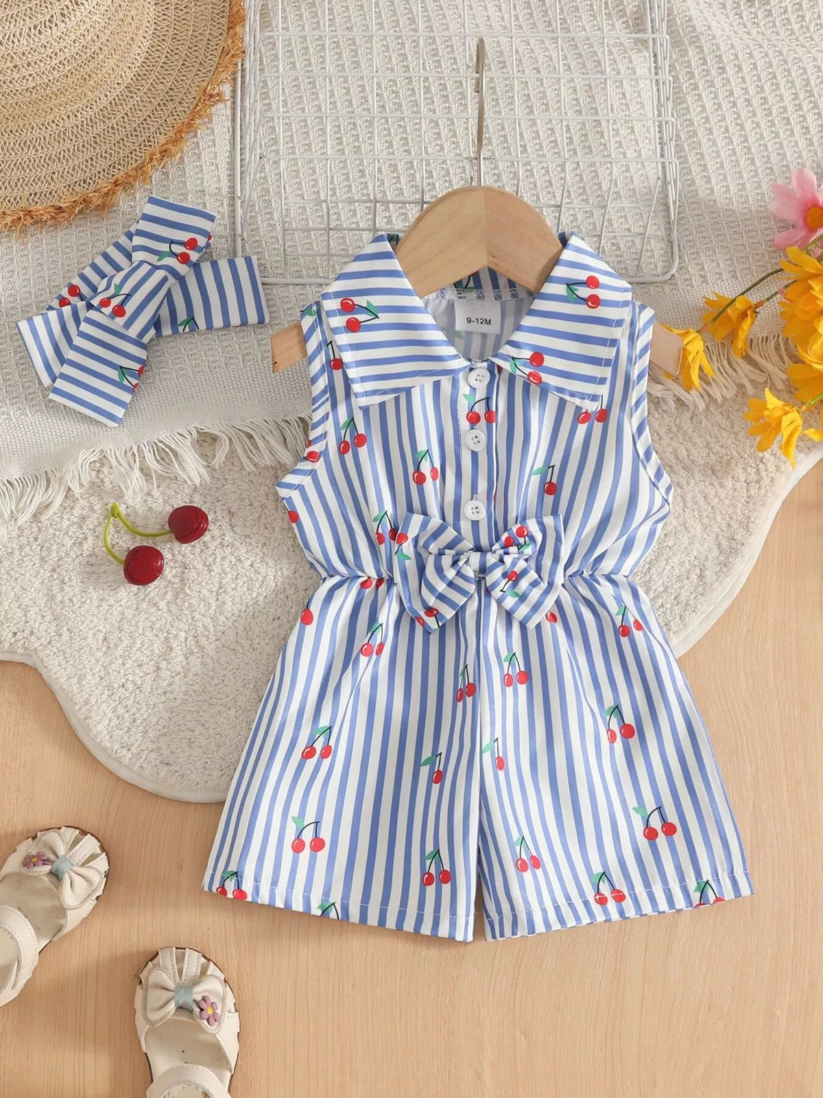 Striped cherry sleeveless romper and headband — blue romper front with headband