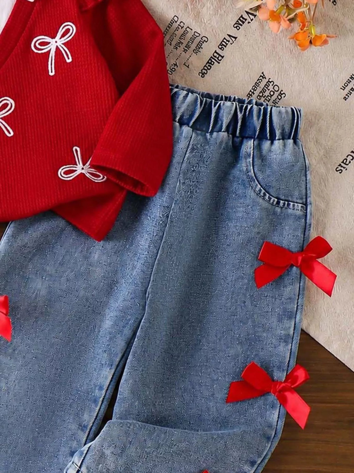Red Bow Sweater and Jeans Set — elastic waist and outfit detail