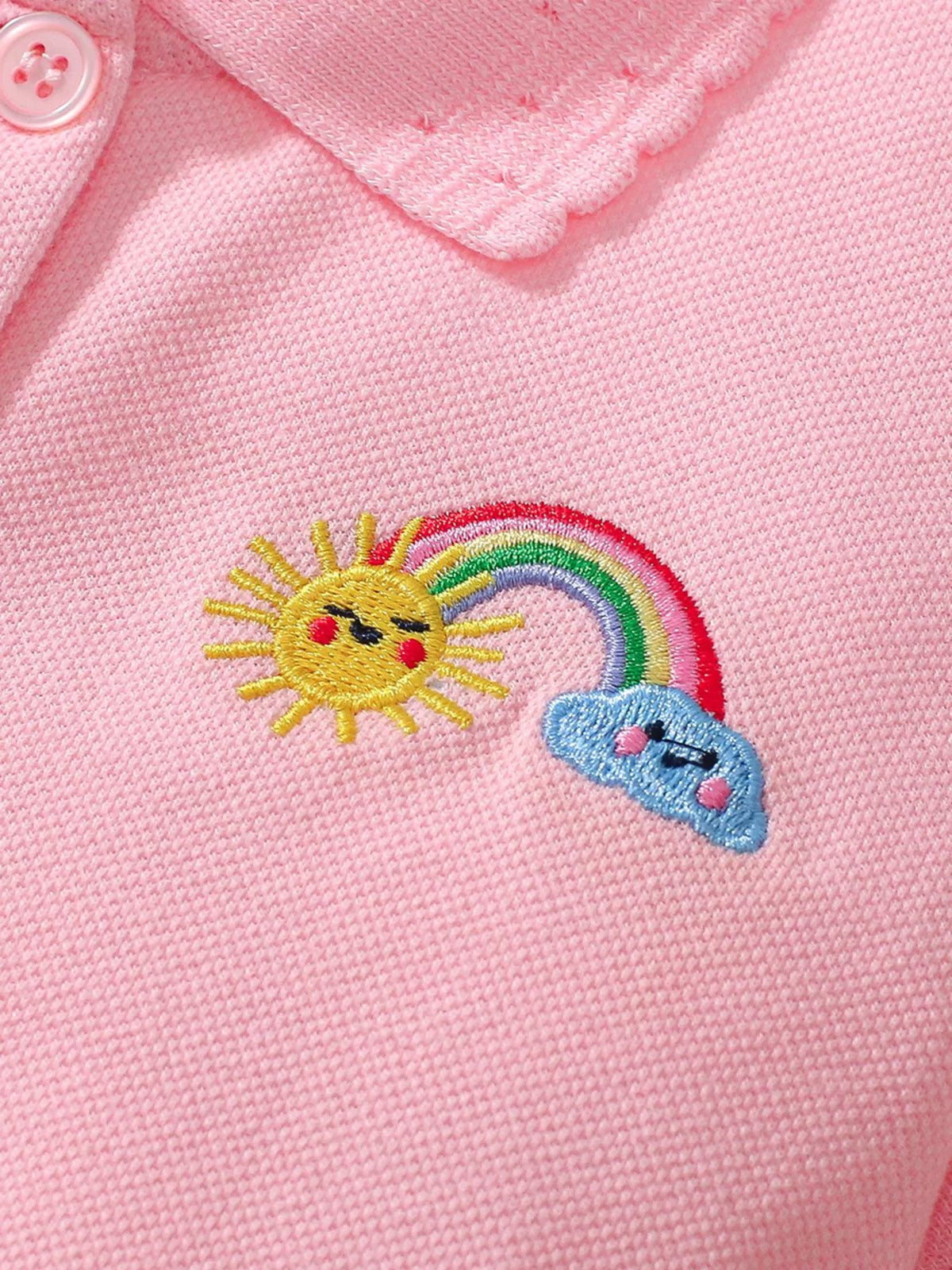 Pink Rainbow Embroidered Polo Dress — rainbow sun and cloud embroidery