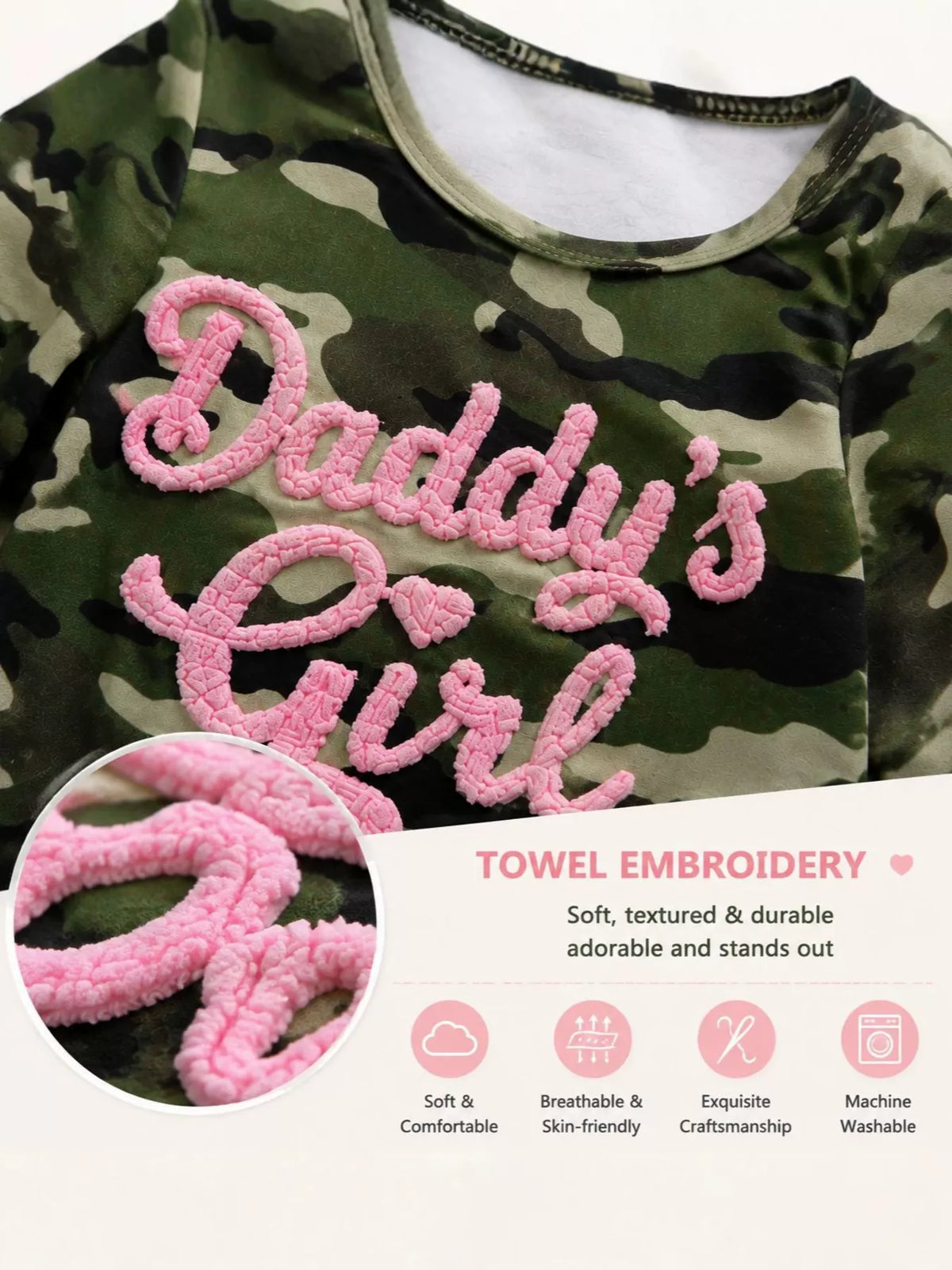 Pink textured Daddy's Girl lettering and embroidery close-up