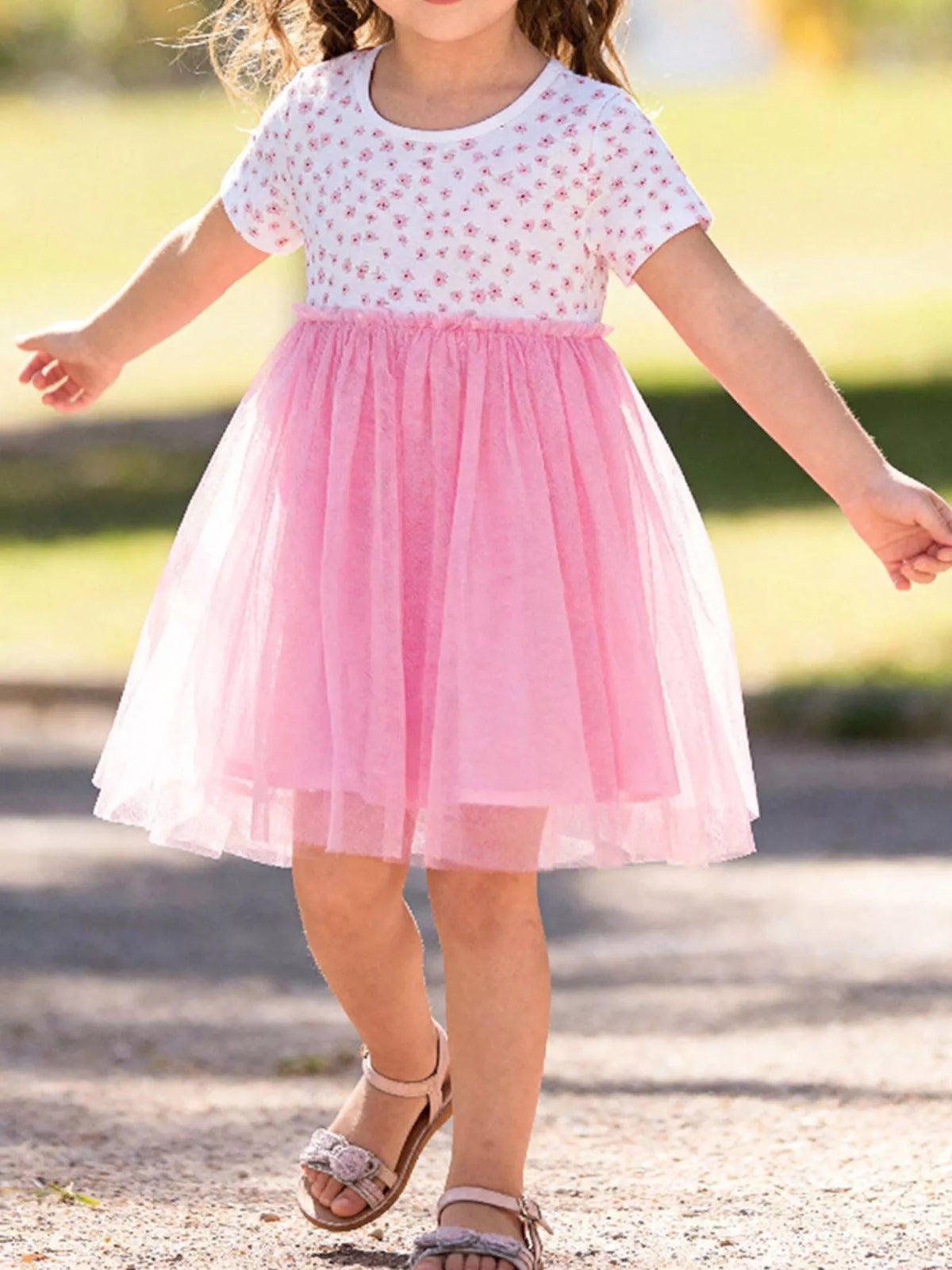 Ditsy Floral Pink Tulle Dress — dress worn by a child