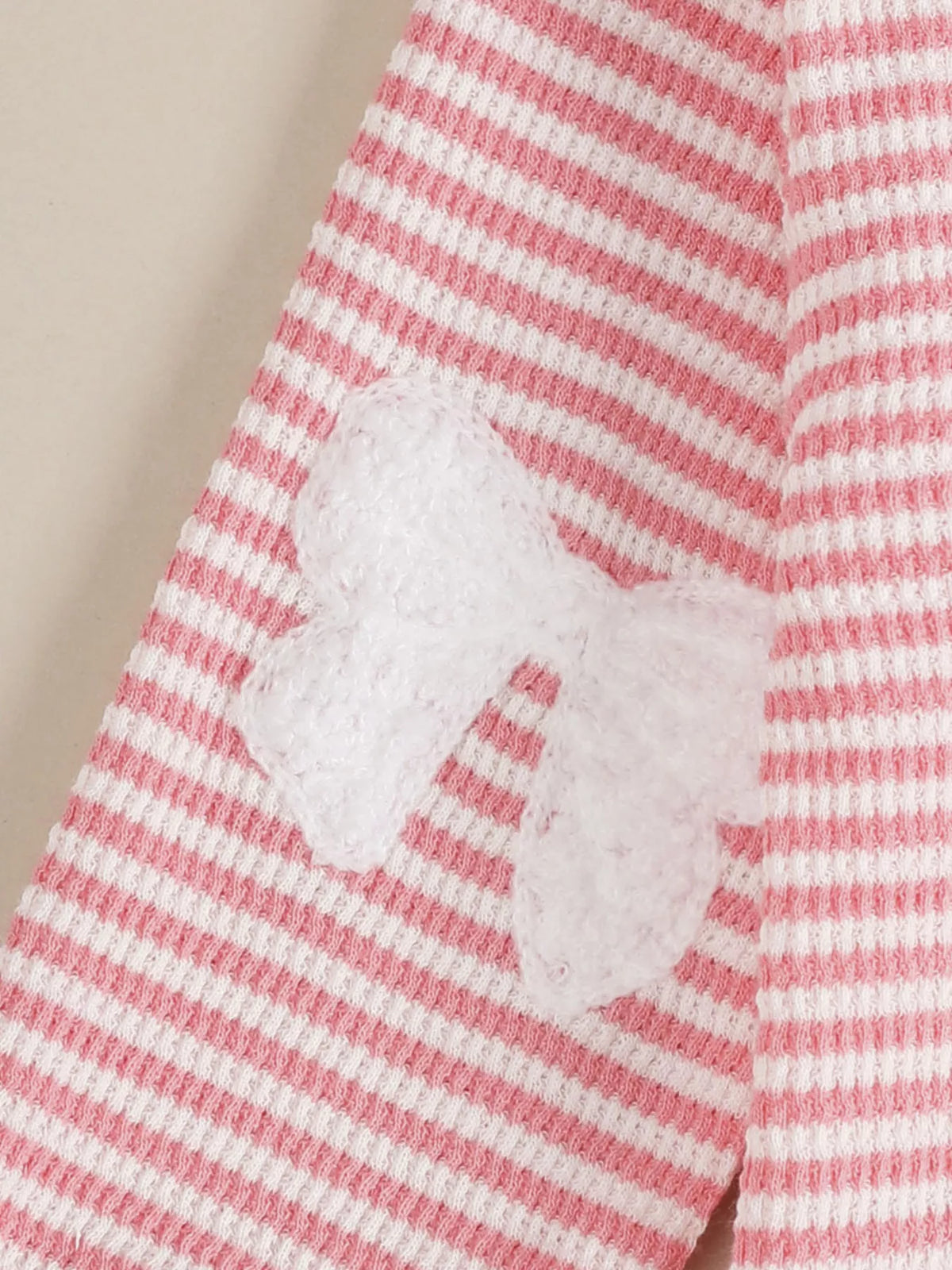 Pink striped white bow patch top and pants — white bow patch on striped fabric