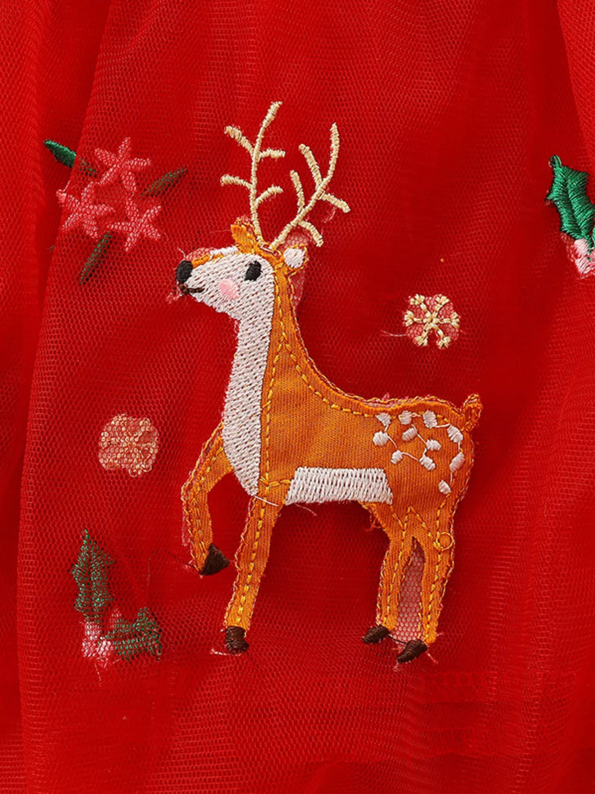Red Deer Embroidered Tulle Dress — deer embroidery detail