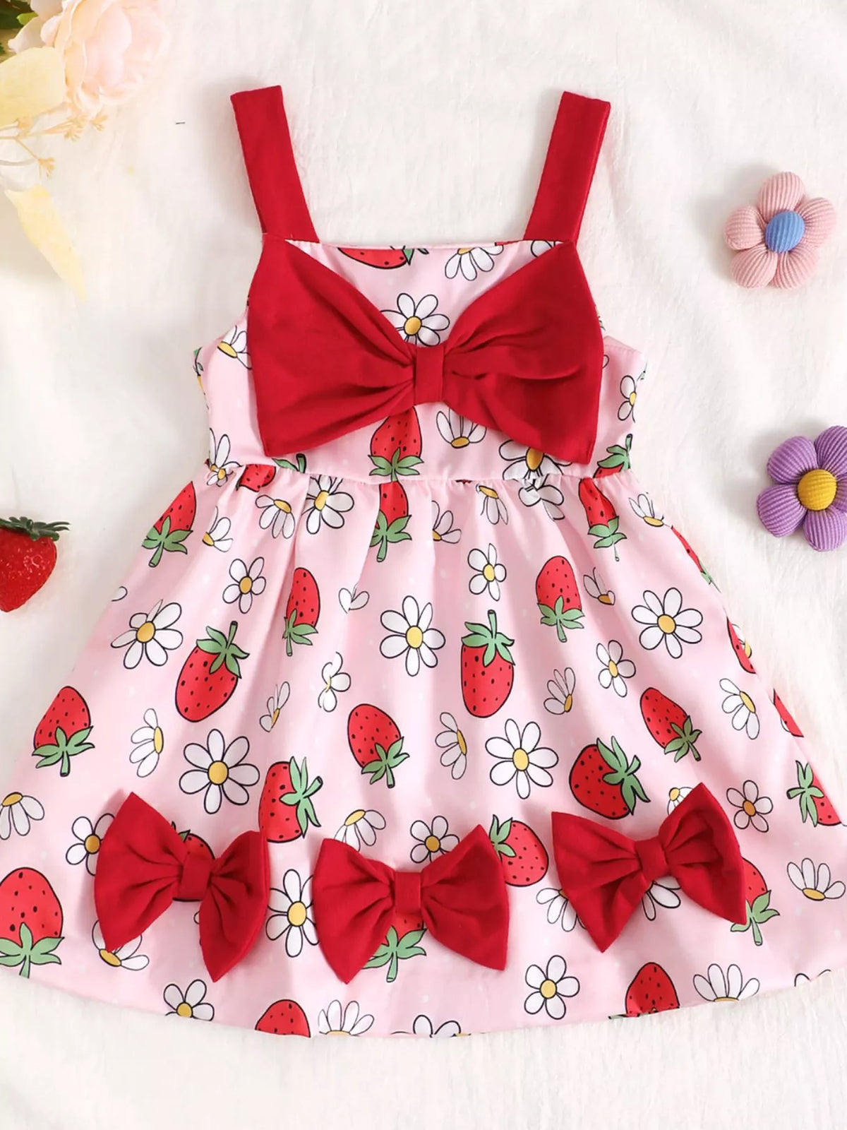 Baby Bow Front Printed Sundress — strawberry-print dress front