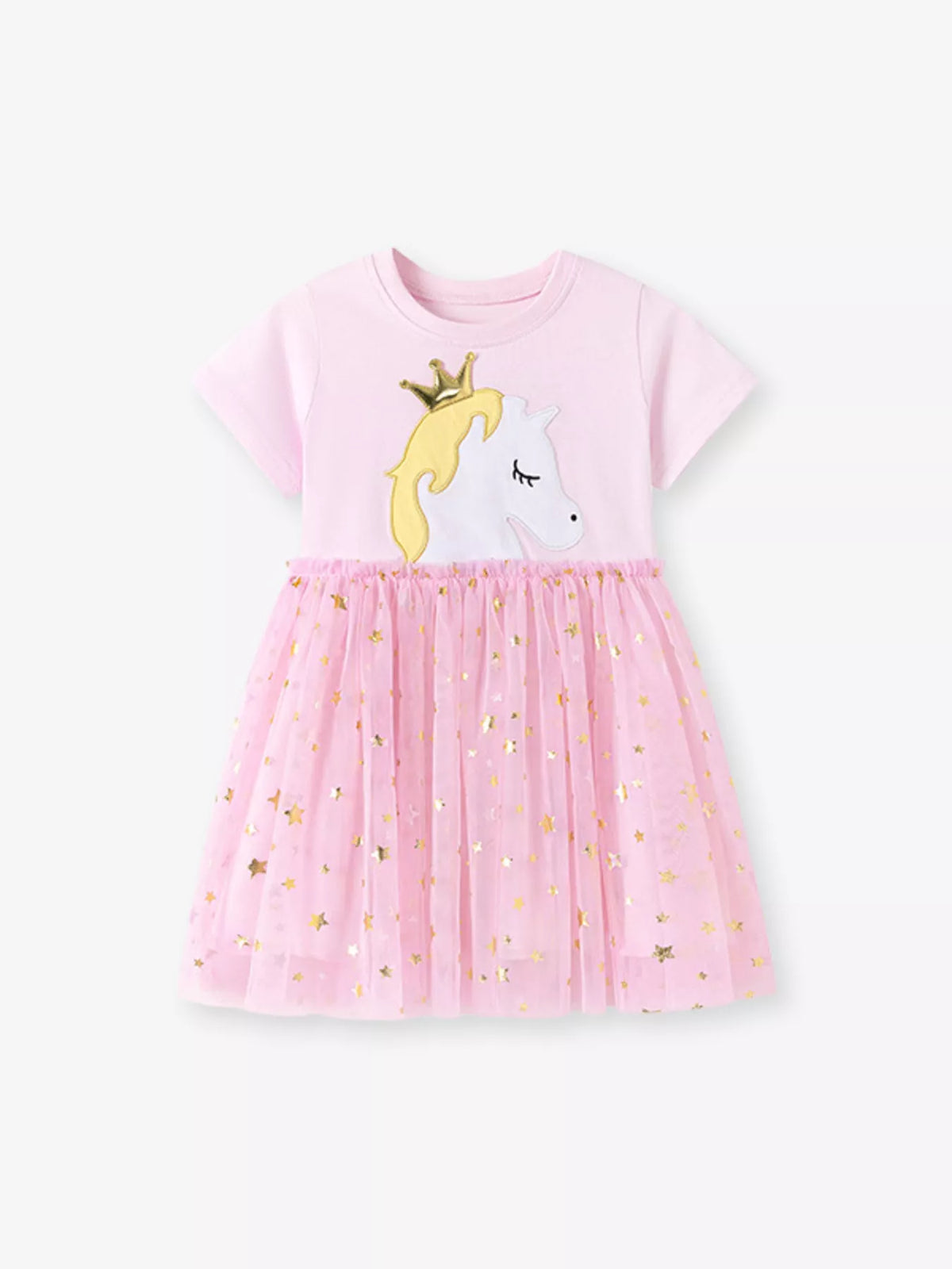 Pink crowned-unicorn dress with a gold-star tulle skirt laid flat