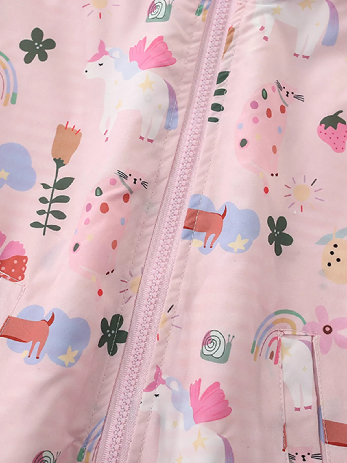Front zipper and unicorn motifs