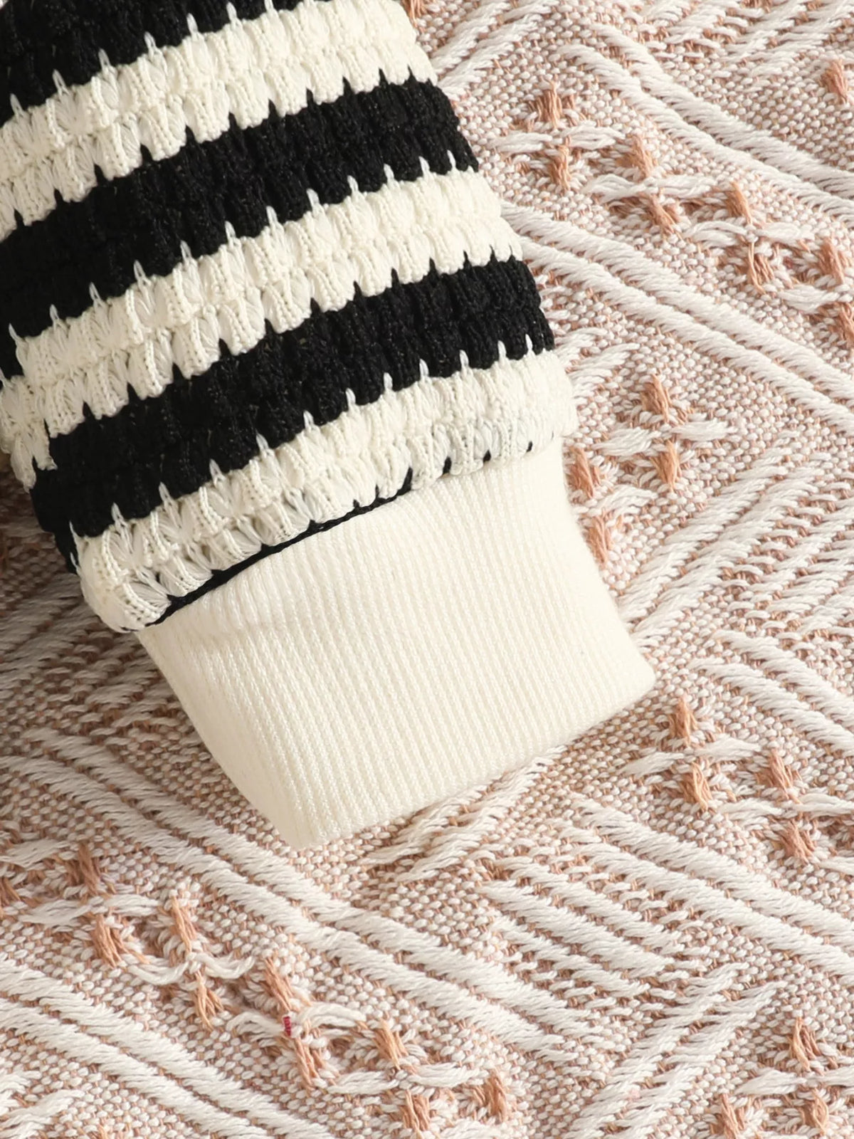 Striped knit bear patch top and pants set — black striped sleeve cuff