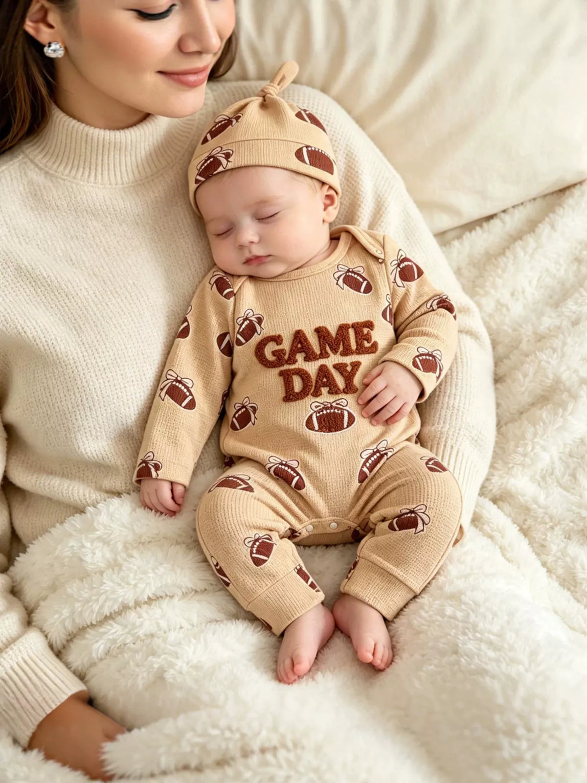 Baby wearing football jumpsuit and hat while held by an adult