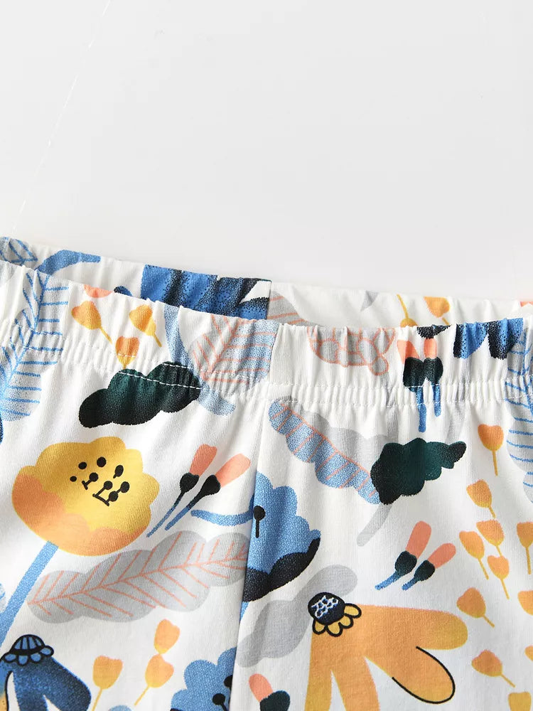 Gathered waistband with blue and yellow flower print