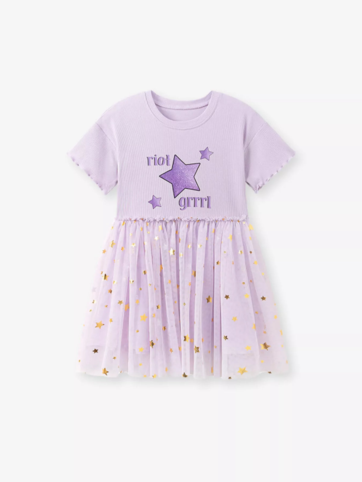 Lavender star dress with a gold-star tulle skirt laid flat