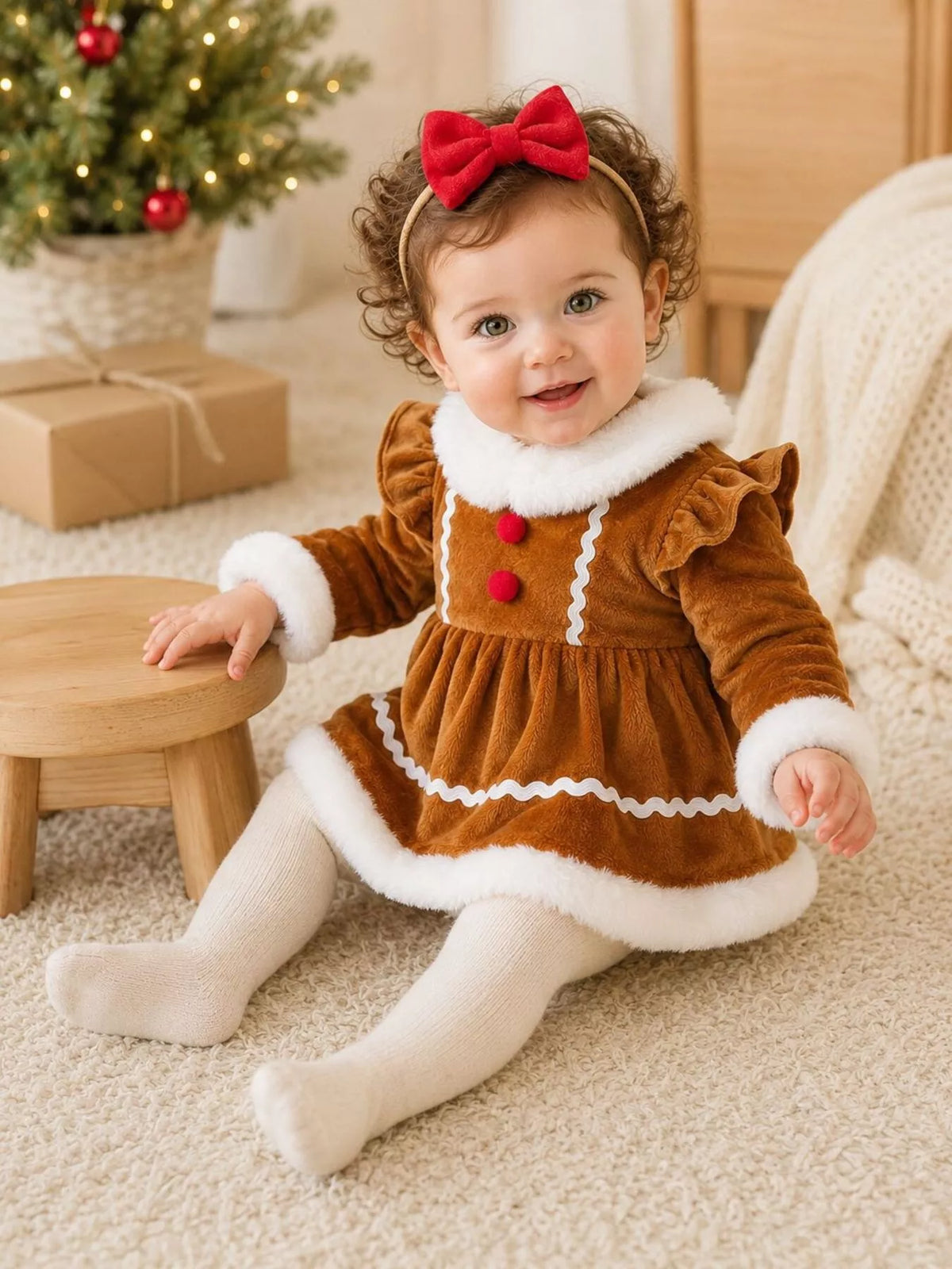 Seated baby in the white-trimmed caramel outfit