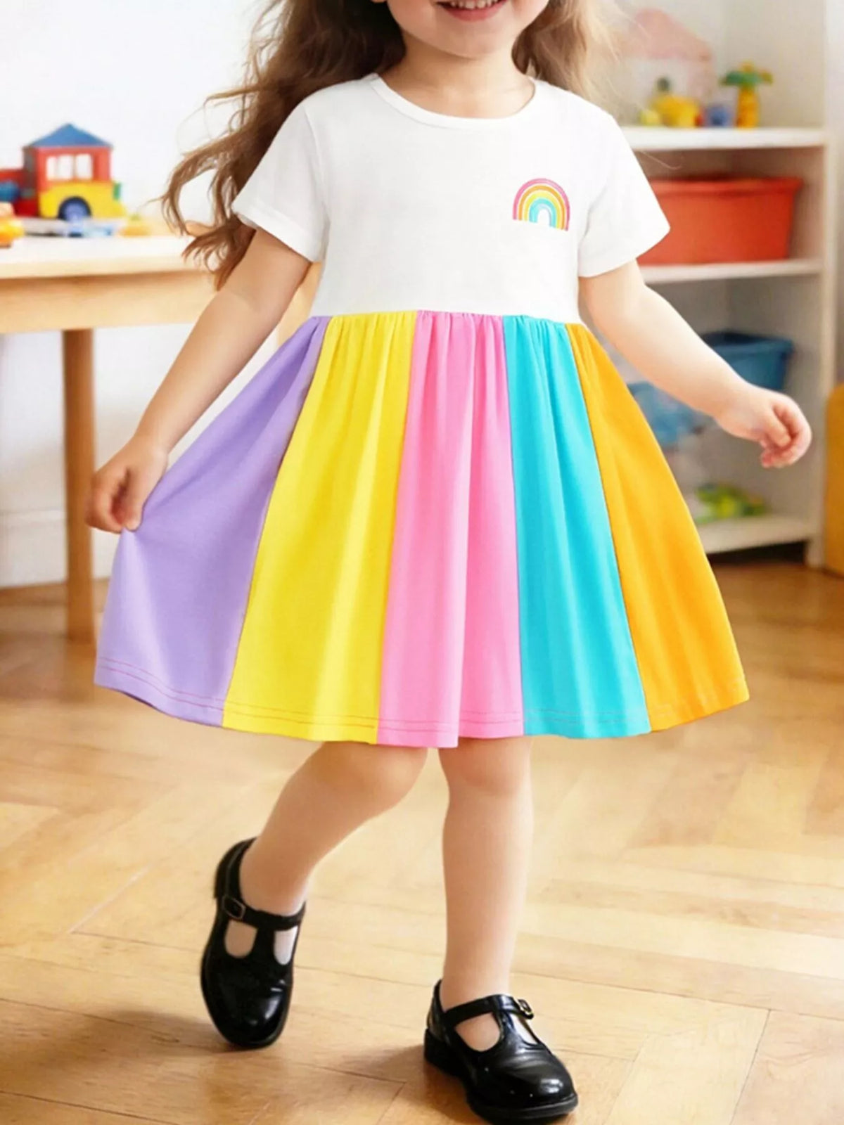 Rainbow Panel Cotton Dress — dress worn by a child