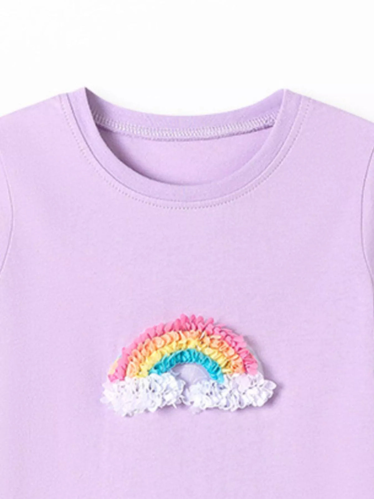Rainbow applique or floral cat graphic shirt — lavender round neckline