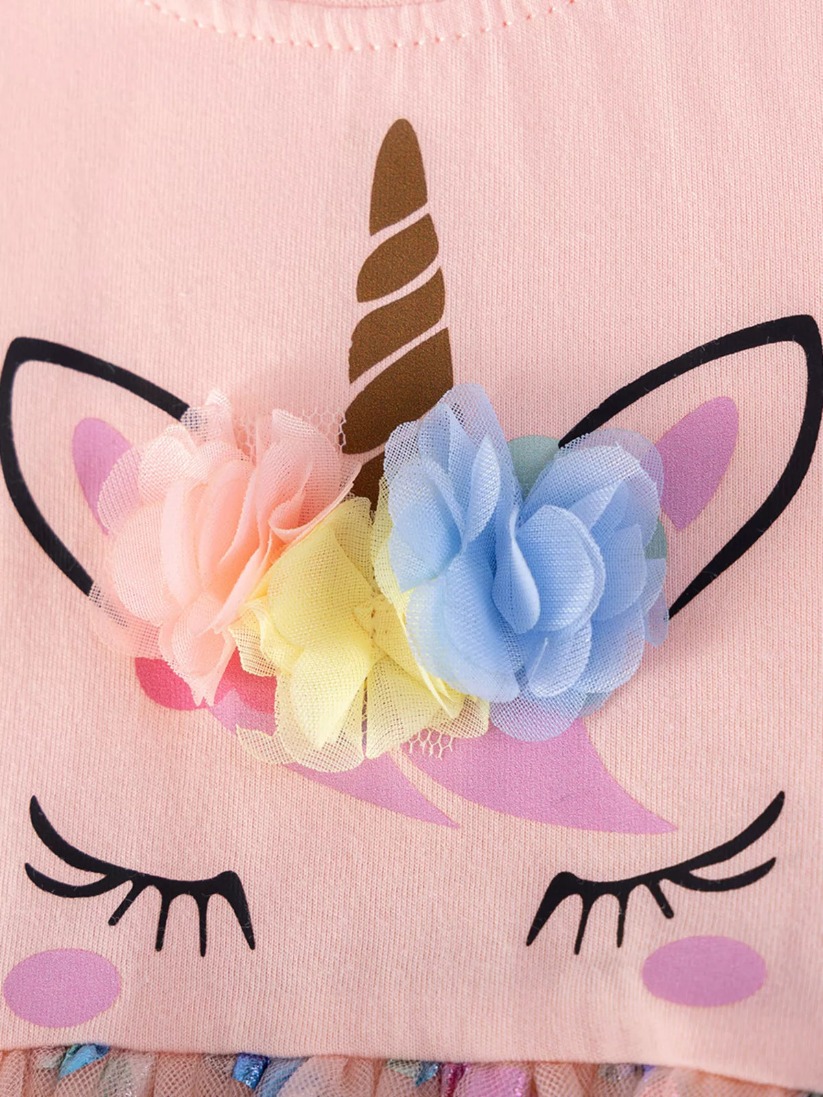 Unicorn face with raised multicolored flowers
