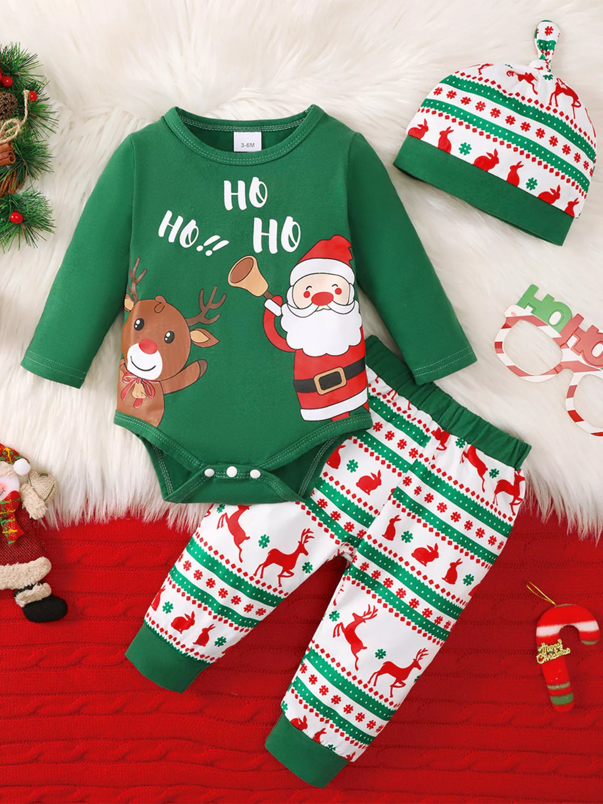 Green Santa reindeer bodysuit printed pants and hat — full outfit front