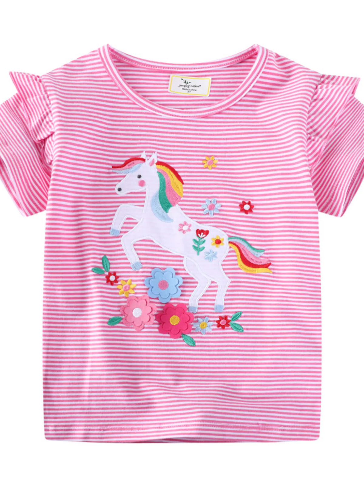 Pink striped unicorn floral applique ruffle sleeve shirt — front