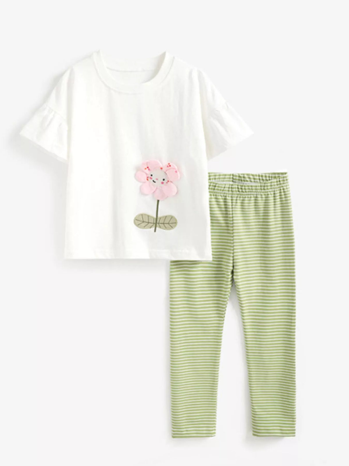 White flower applique ruffle sleeve top and green striped leggings — outfit front laid flat