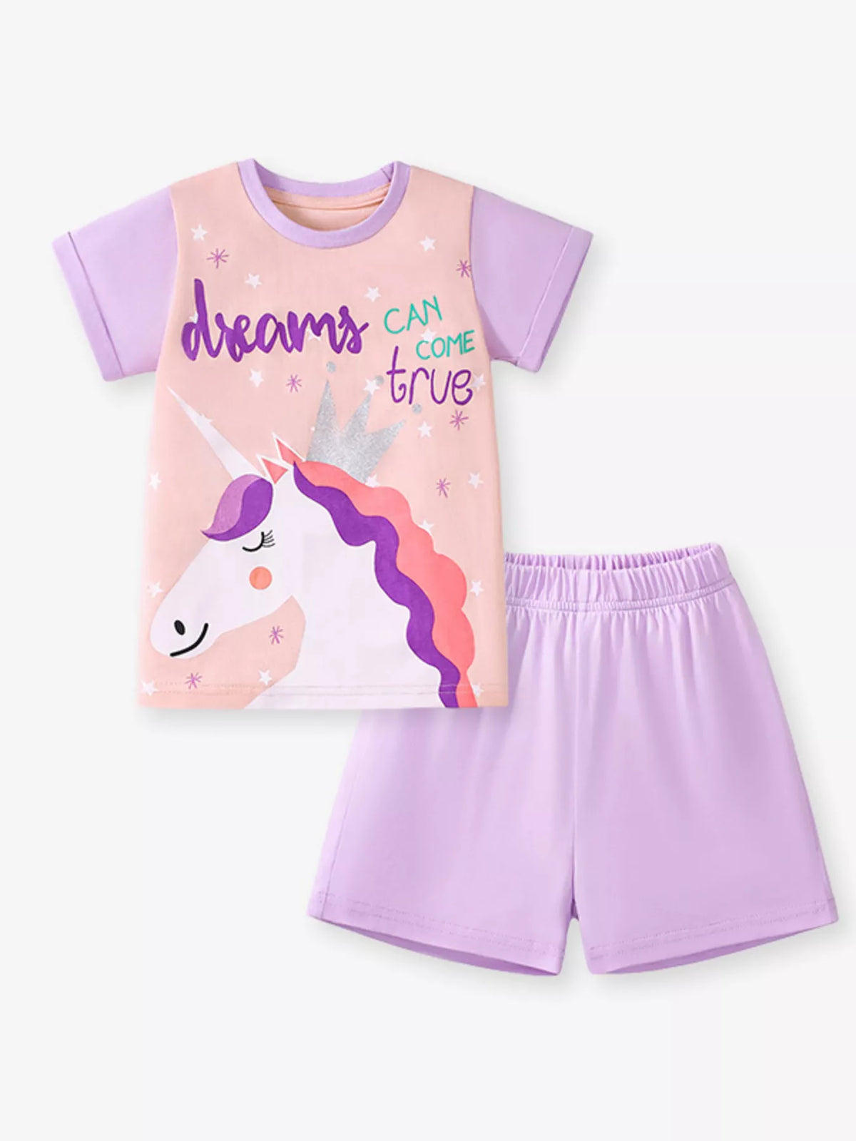 Peach unicorn tee with lavender sleeves and matching shorts laid flat