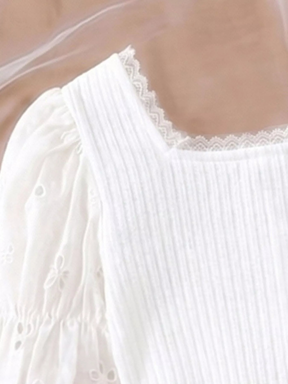 White square neckline and textured puff sleeve