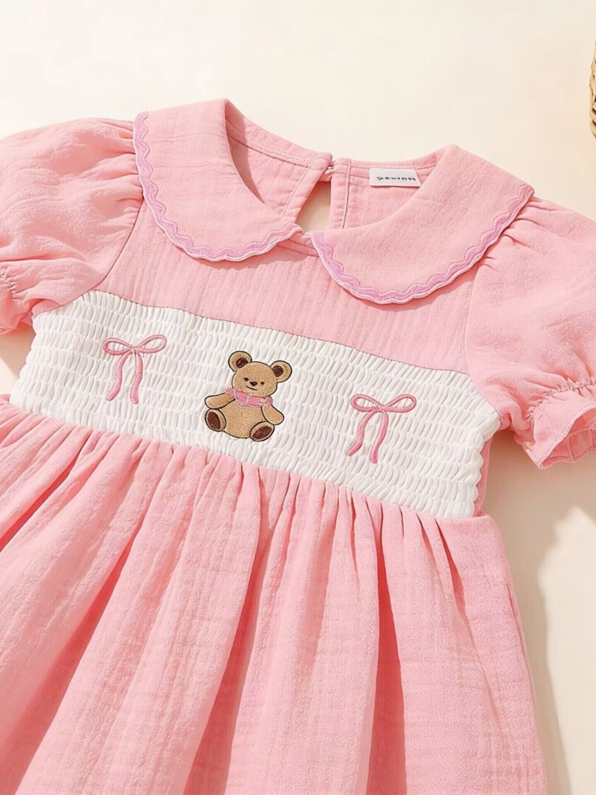Baby Bear Embroidered Smocked Dress — collar and smocked bodice