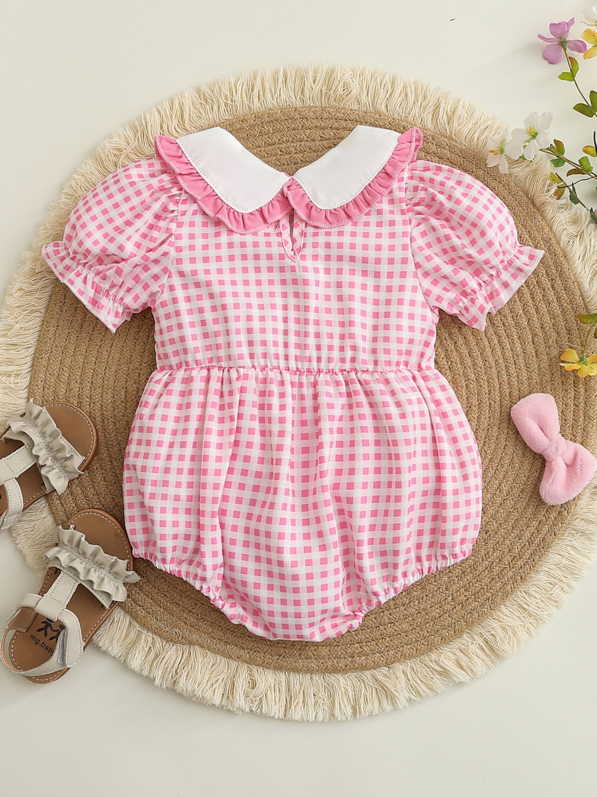 Baby Gingham Embroidered Romper — back flat lay