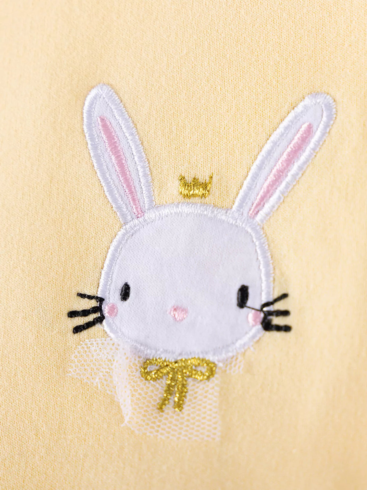 Yellow Rabbit Long Sleeve Tulle Dress — rabbit applique detail