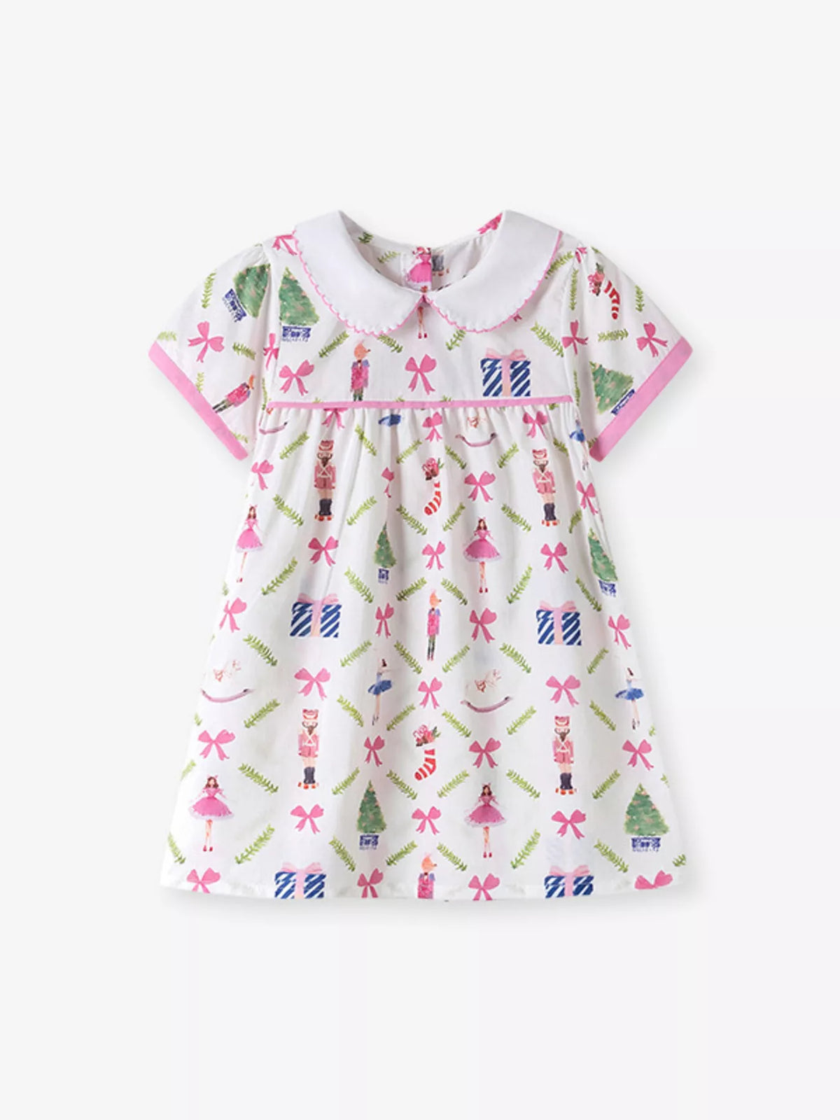 White Christmas-print dress with a Peter Pan collar laid flat