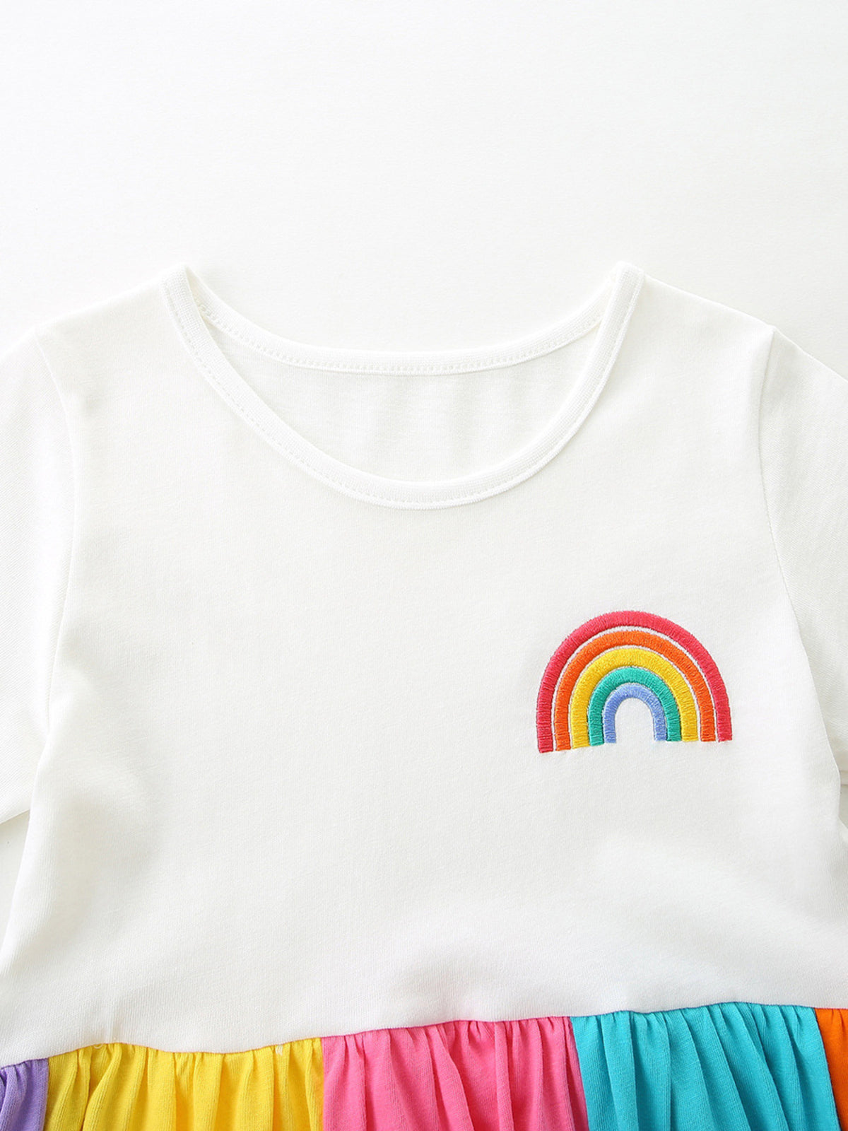 Rainbow Panel Cotton Dress — rainbow motif on white bodice