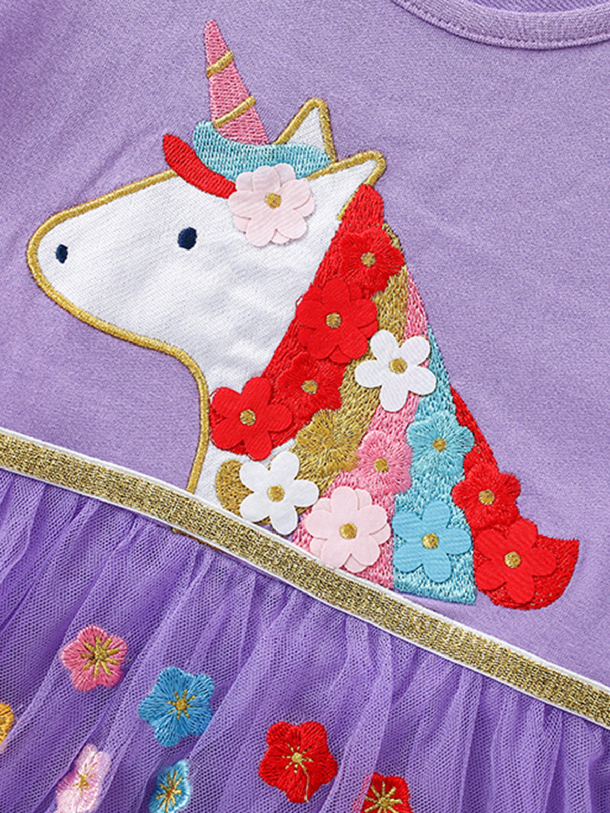 Unicorn and Flower Embroidered Lavender Dress — floral unicorn embroidery