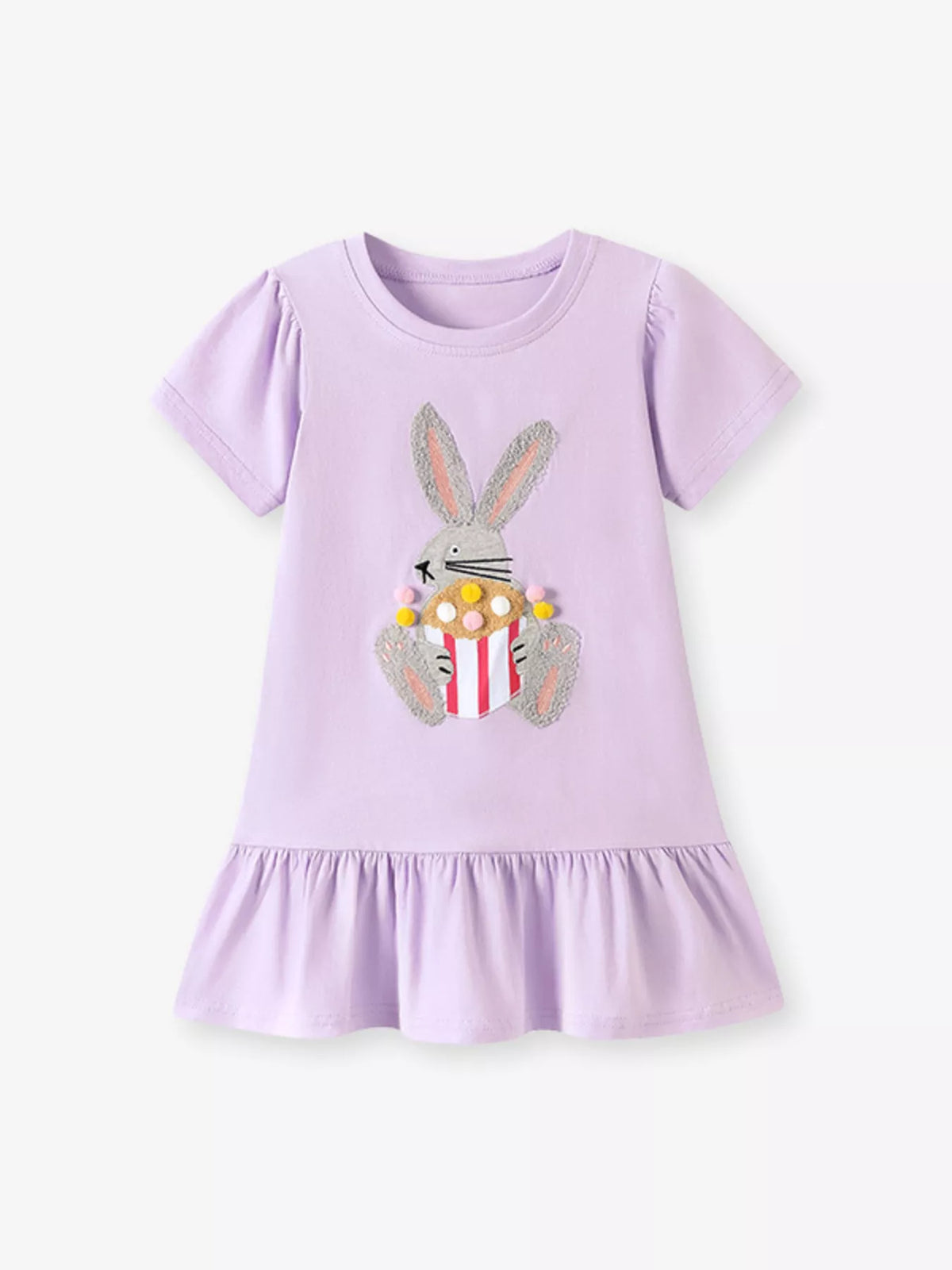 Lavender bunny short-sleeve dress with a ruffled hem laid flat