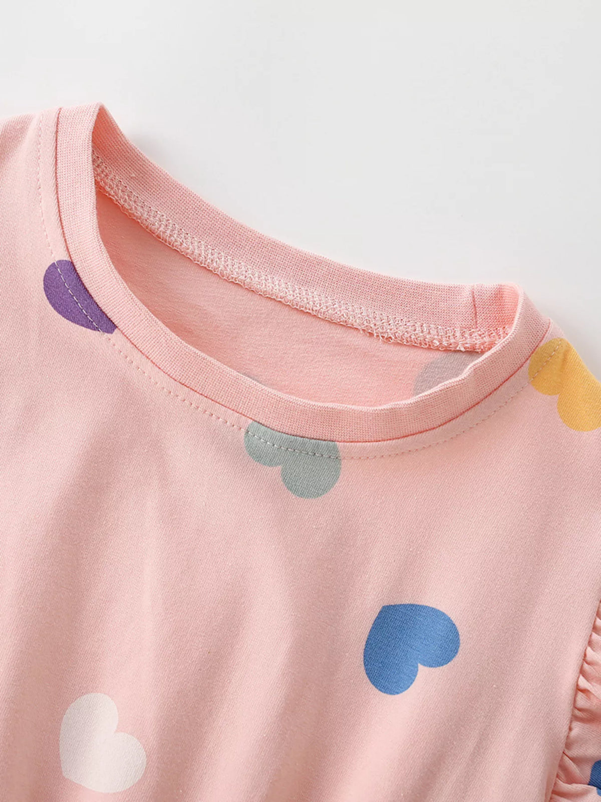 Pink multicolor heart ruffle sleeve dress — round neckline