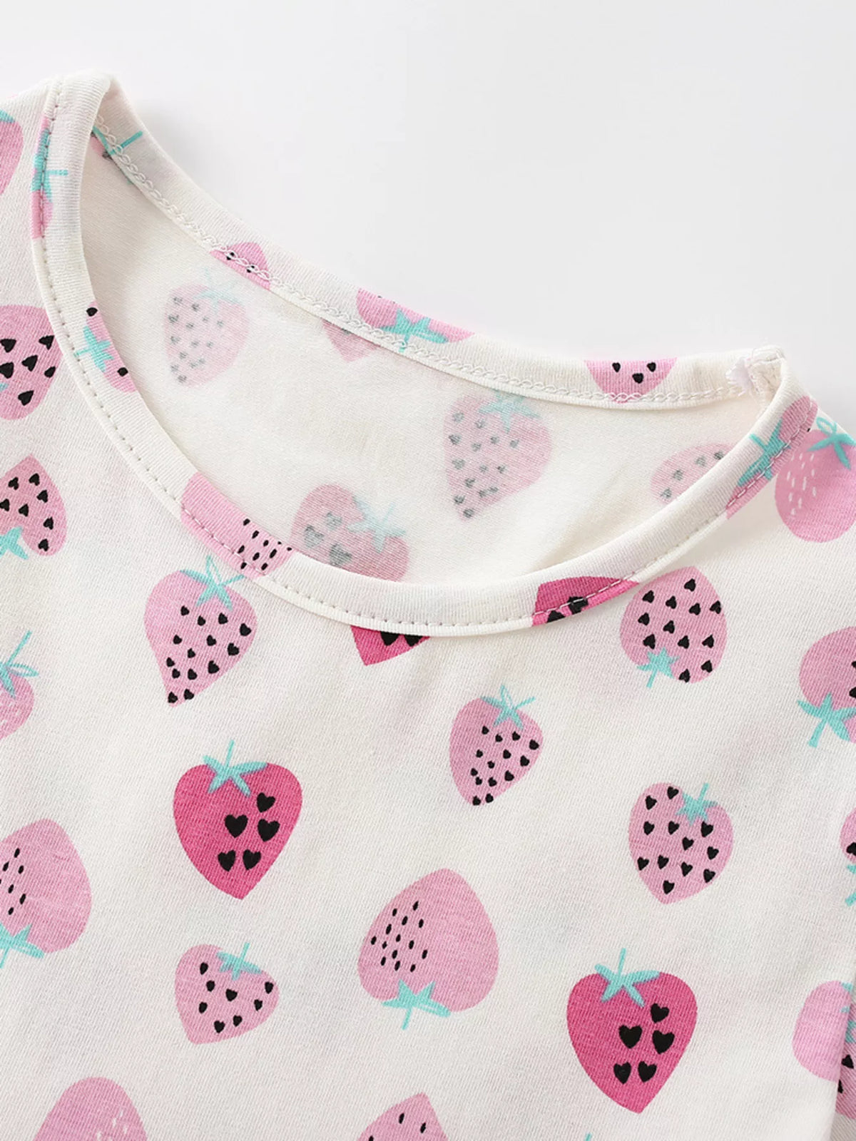Cream strawberry print ruffle sleeve dress — round neckline