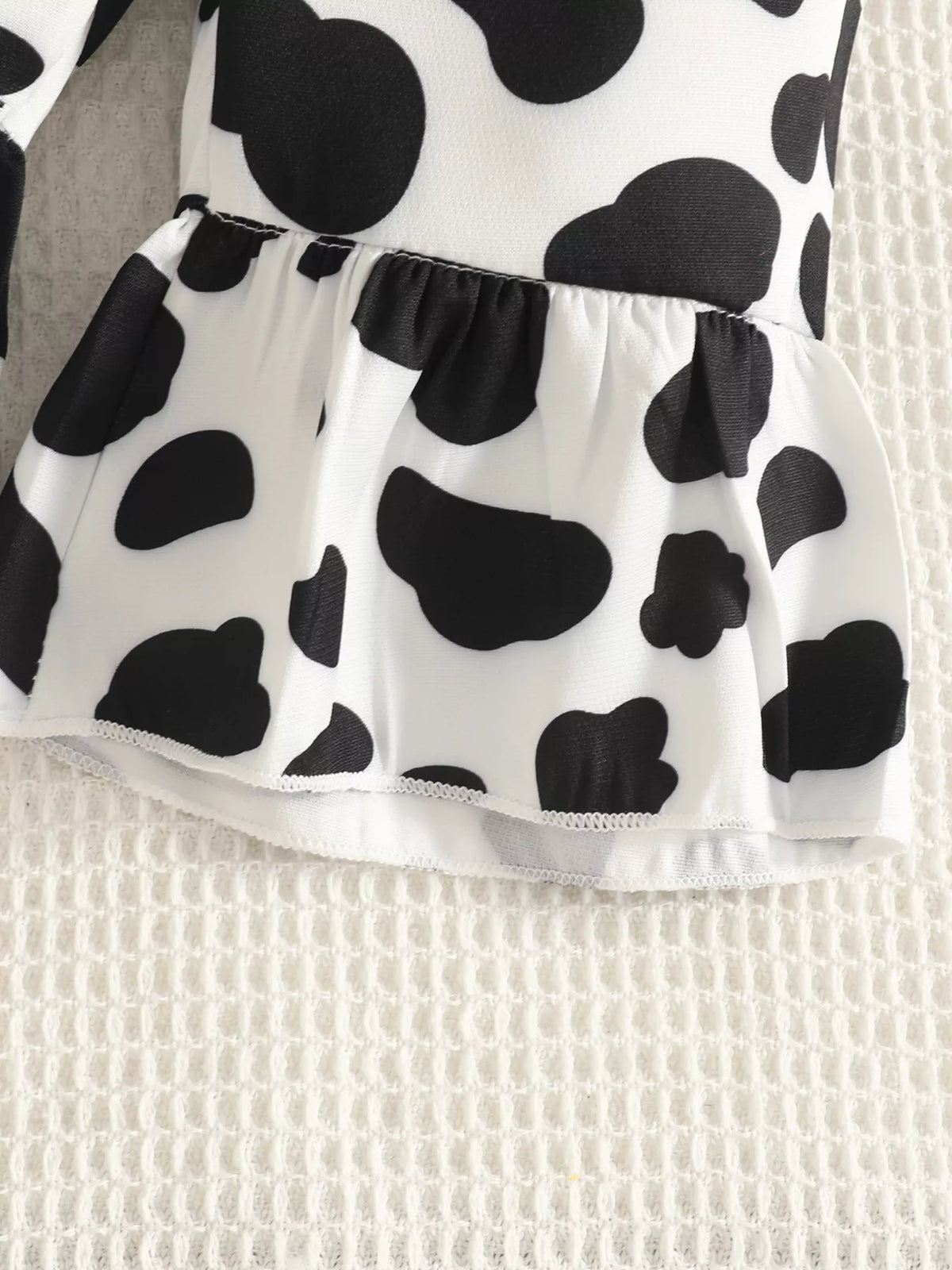 Pink bodysuit cow print ruffle overalls and headband — ruffled cow print leg hem