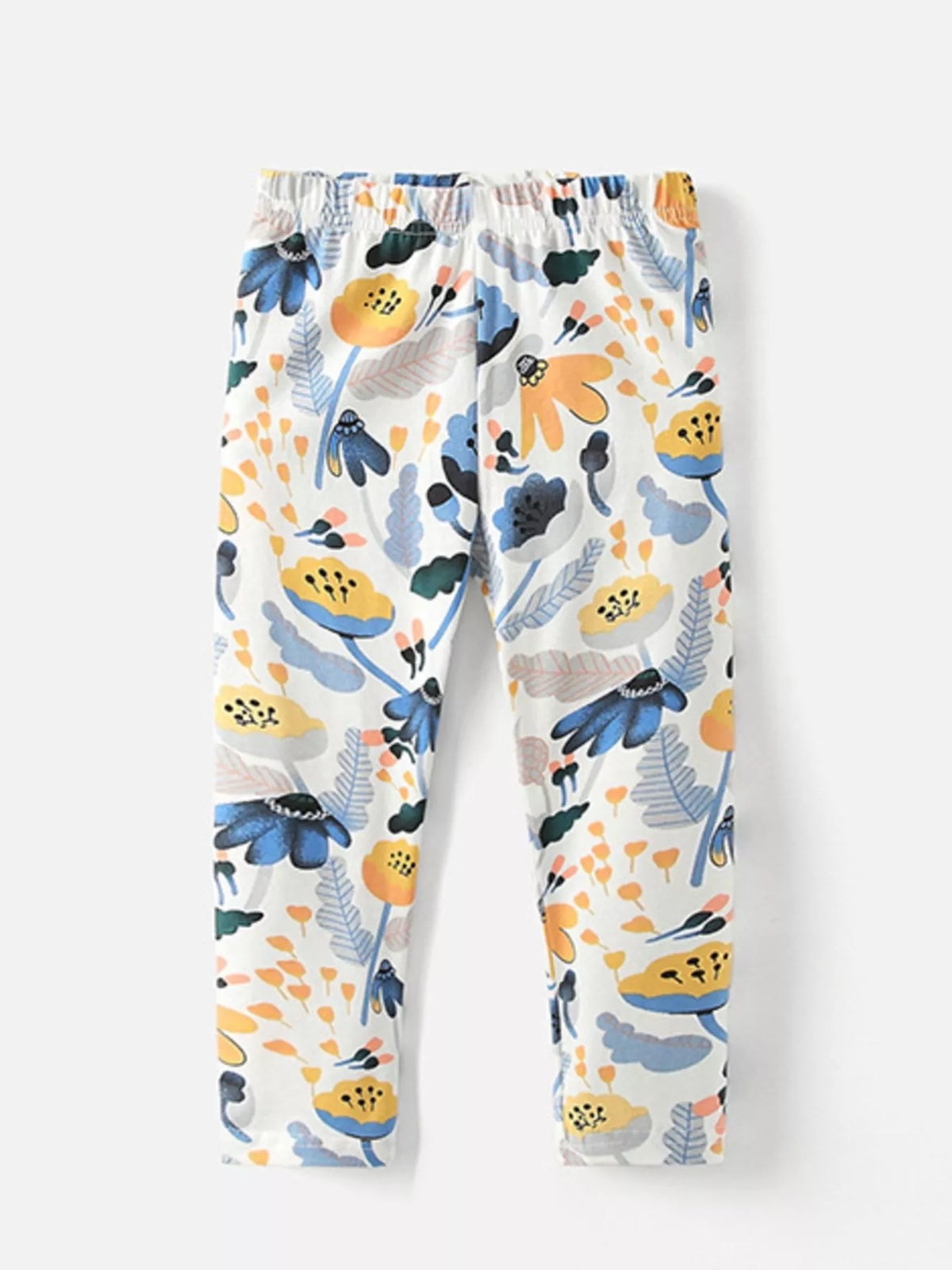White floral-print elastic-waist pants laid flat