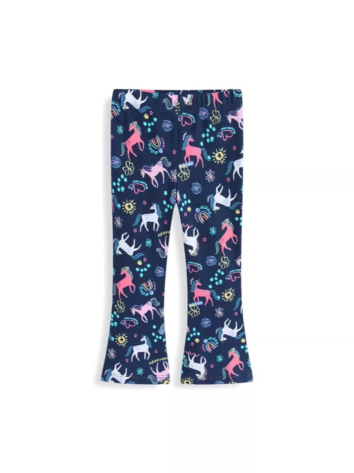 Navy unicorn-print flared leggings laid flat