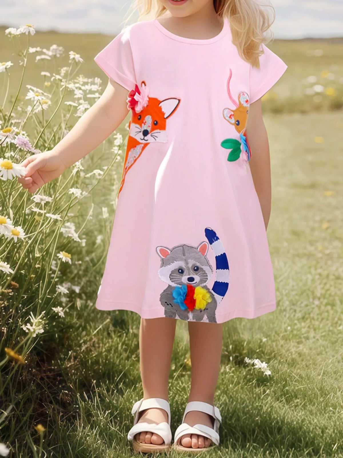 Woodland Animal Applique Cotton Dress — pink dress worn by a child
