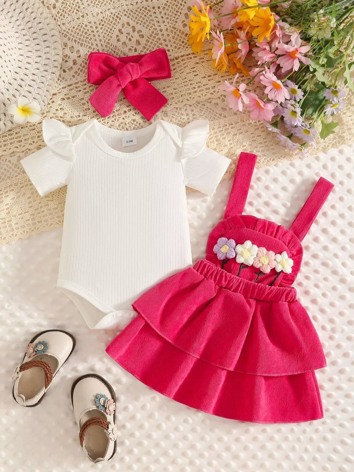 Ribbed floral overall dress and white top set with bow headband — rose red dress and top separated