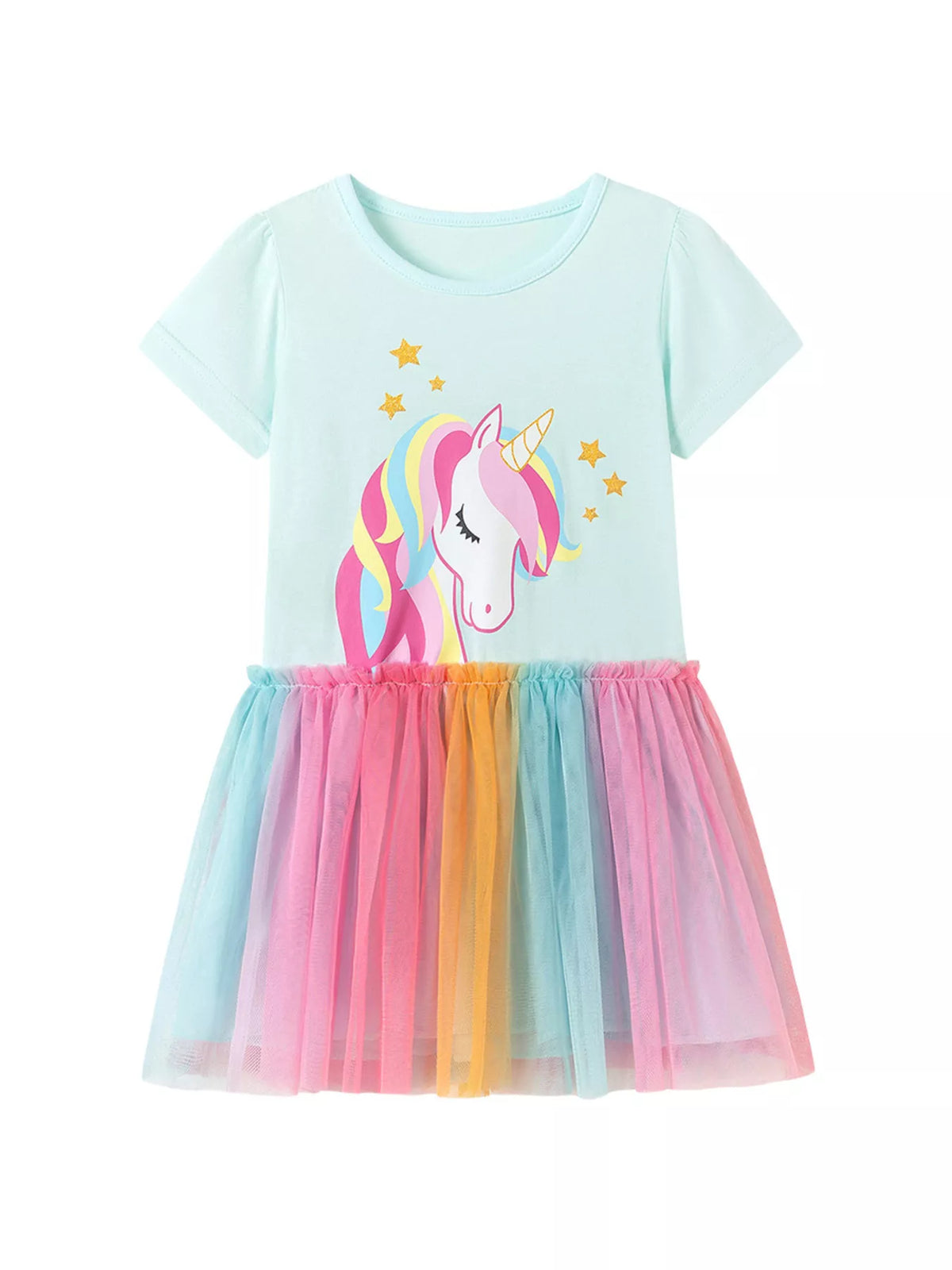 Mint unicorn dress with a rainbow tulle skirt laid flat