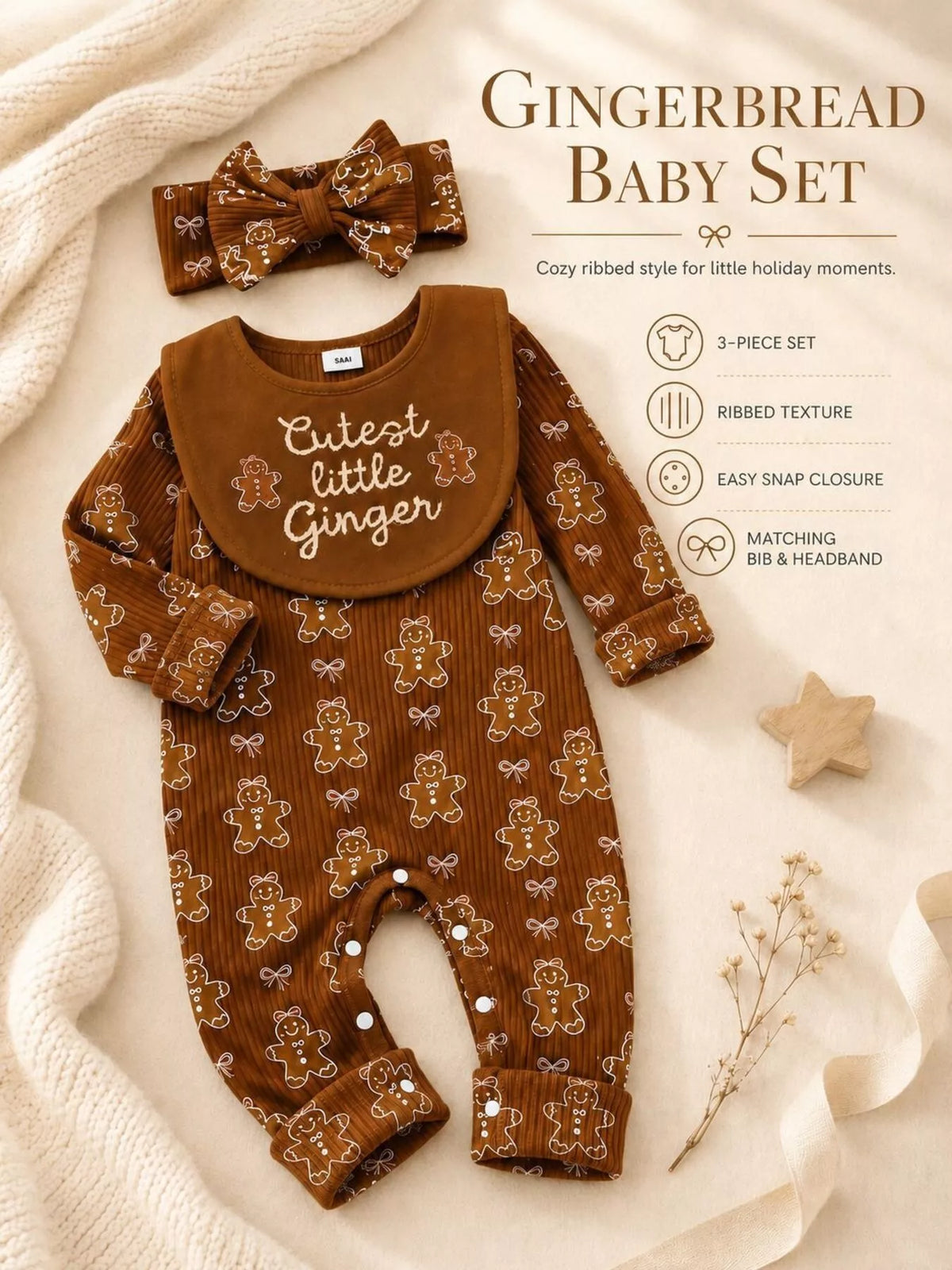 Gingerbread baby outfit card showing the jumpsuit and headband