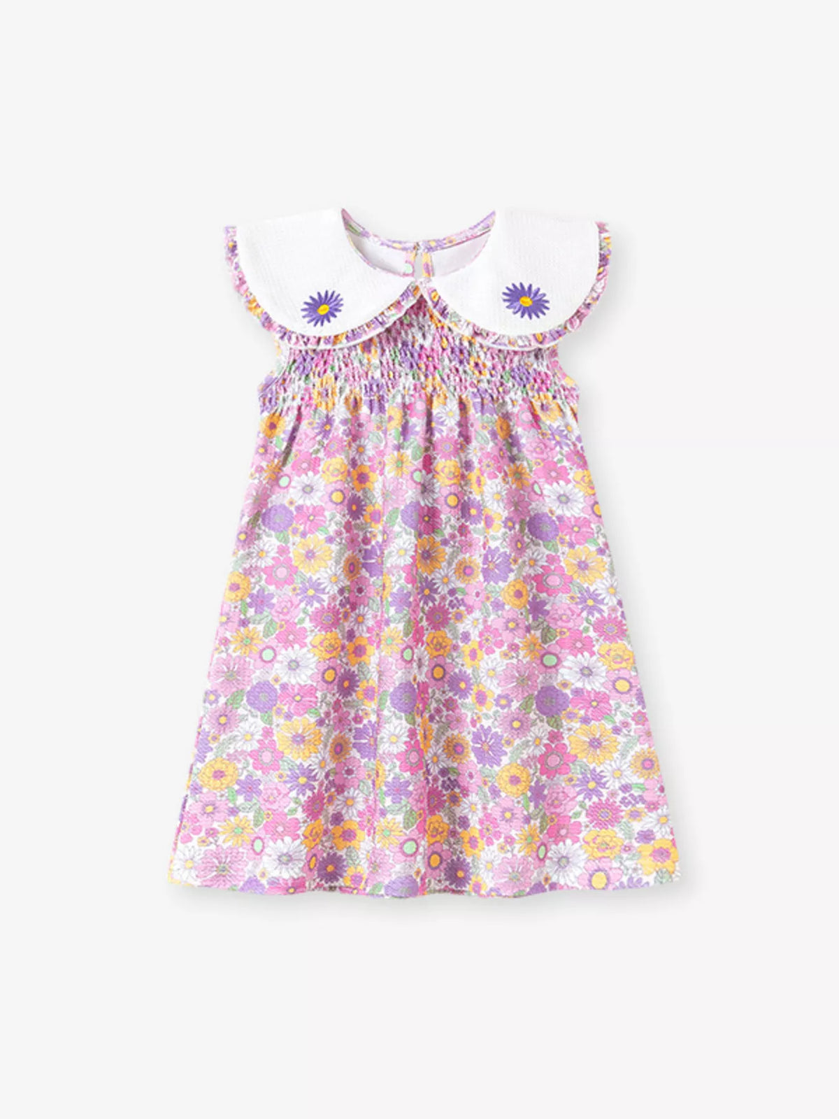 Floral smocked dress with a white daisy collar laid flat